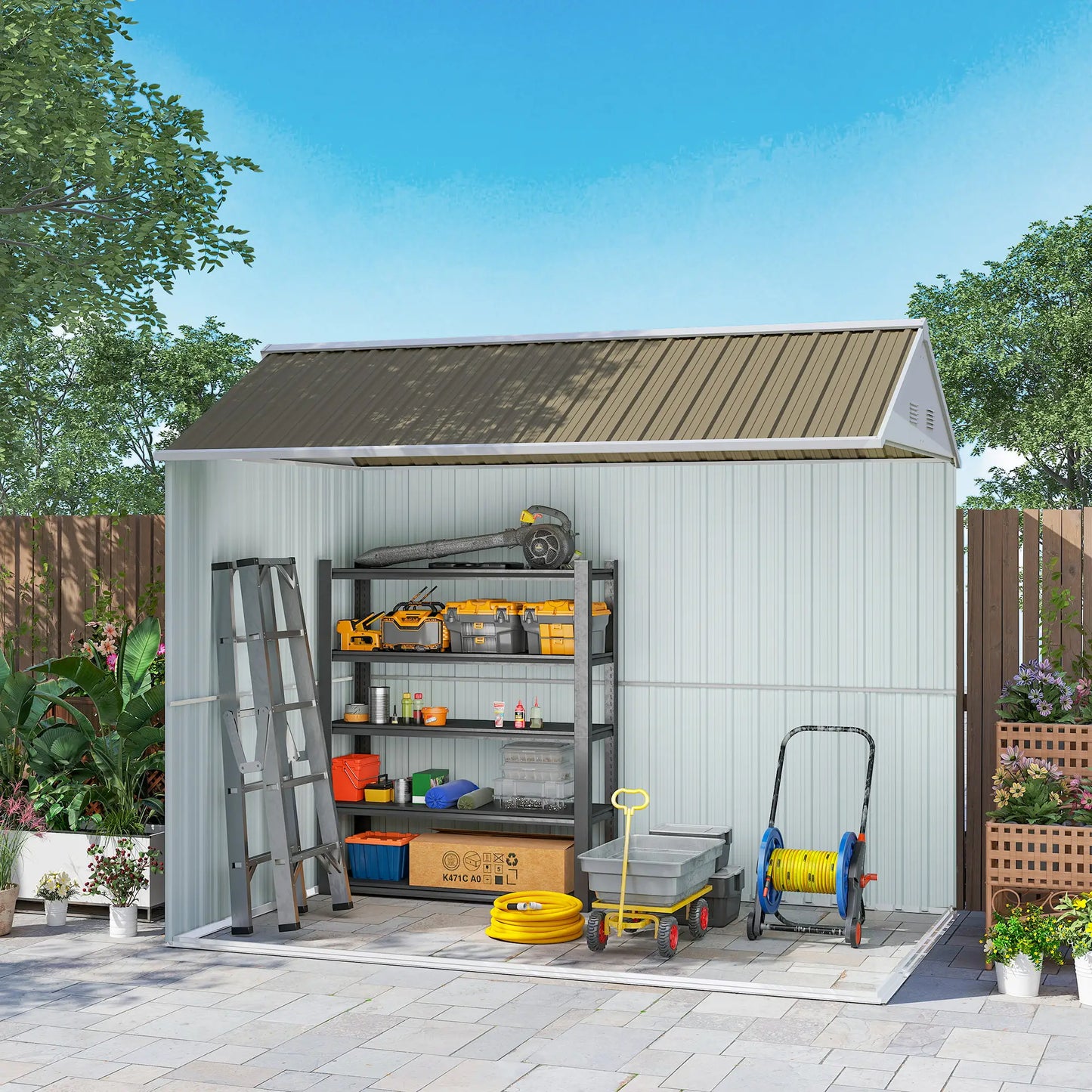 8.5' x 5.5' Metal Garden Shed, Outdoor Storage, Lockable Door, Light Grey Sheds at Gallery Canada