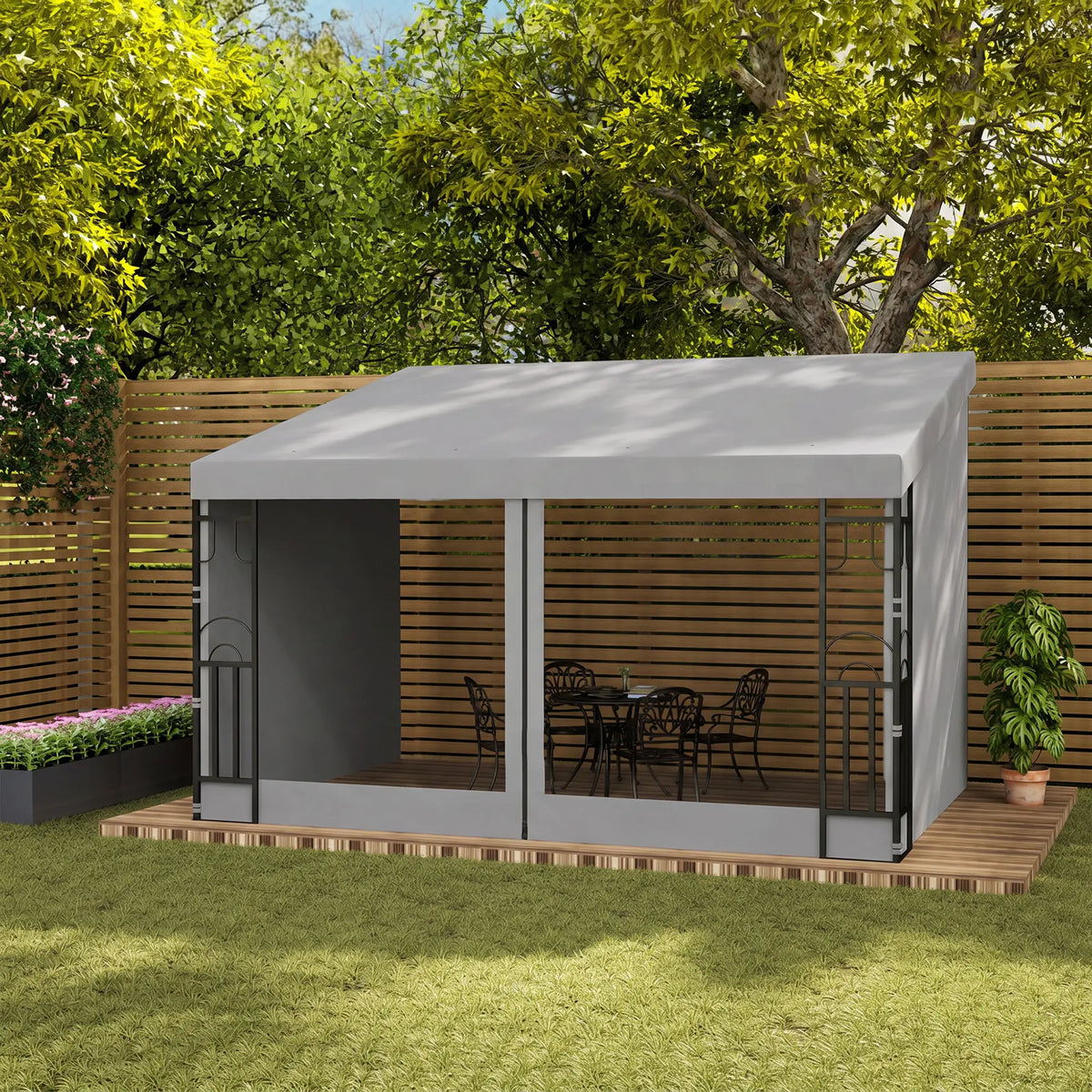 10' x 13' Wall Pergola, Outdoor Gazebo, 2 Curtains, 2 Nettings, UV Resistant, Light Grey Pergolas at Gallery Canada