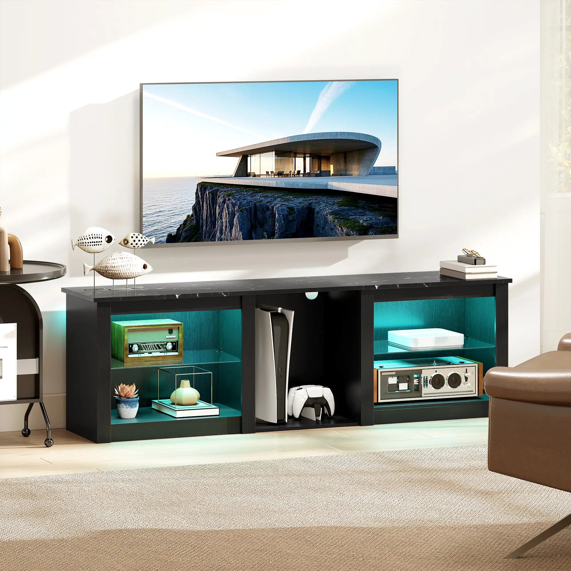 TV Stand With LED Lights, Adjustable Glass Shelves, For 65 Inch TVs, Black TV Stands at Gallery Canada