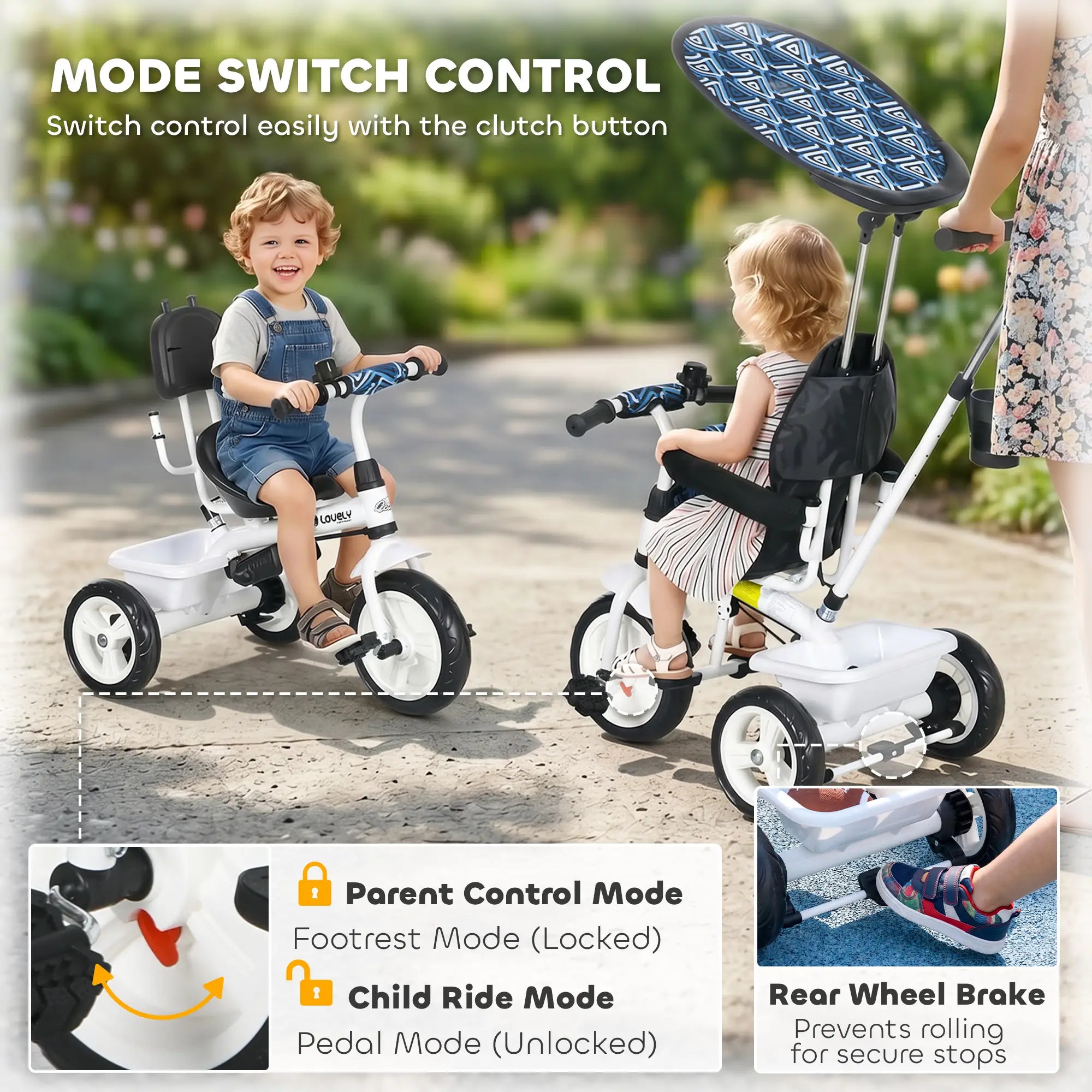 6 in 1 Kids Tricycle, Removable Handlebar, Canopy, Blue Tricycles for Kids at Gallery Canada