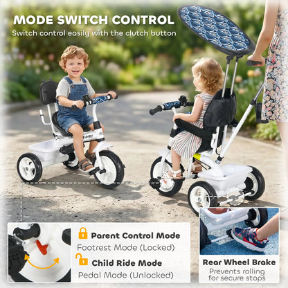 6 in 1 Kids Tricycle, Removable Handlebar, Canopy, Blue Tricycles for Kids at Gallery Canada