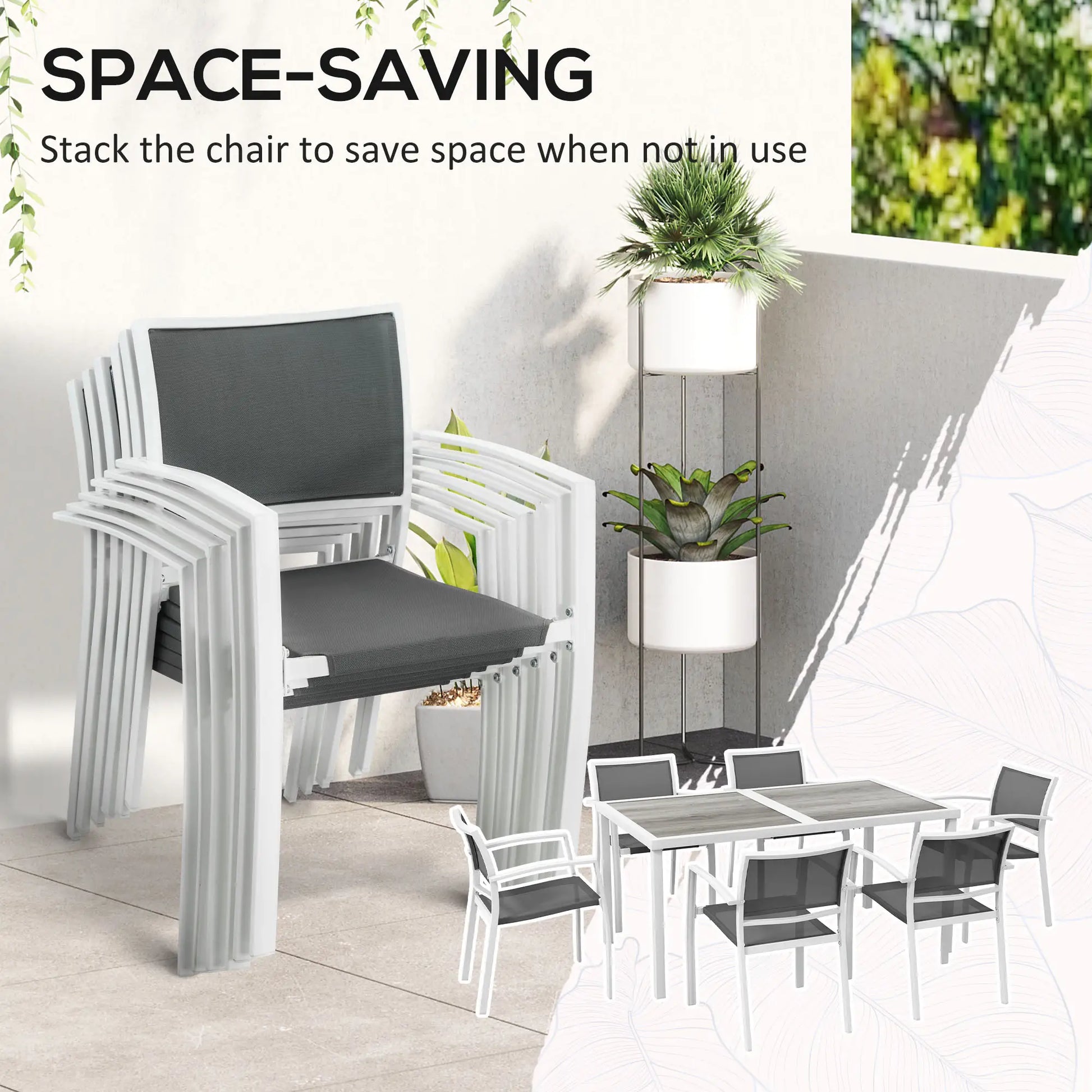 7 Pieces Outdoor Dining Set with 6 Stackable Chairs, Patio Table and Chairs with Plastic Top, Breathable Mesh Seat Back Outdoor Dining Sets at Gallery Canada