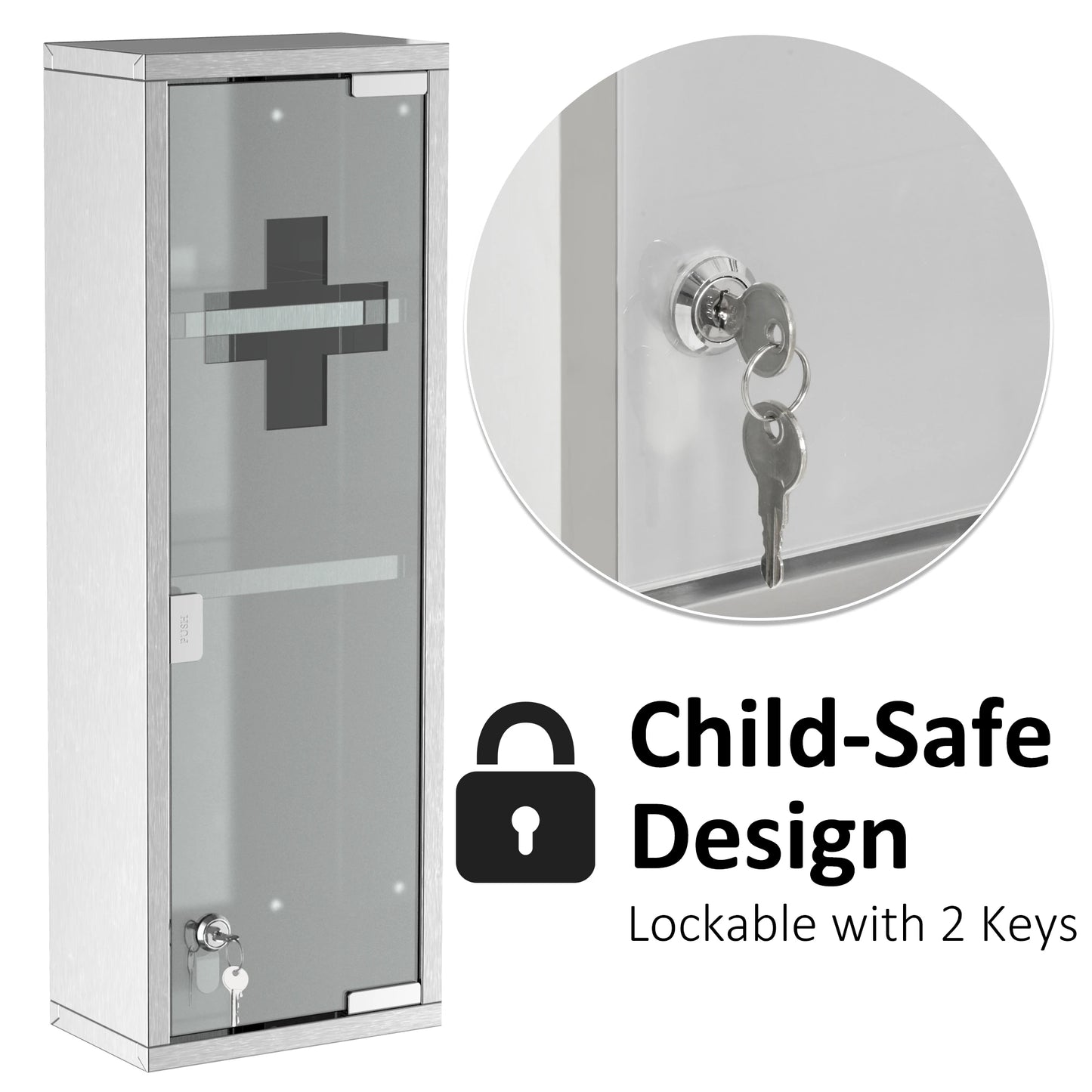 Wall Mount Medicine Cabinet, 3 Tier Shelves, Stainless Steel Frame, Glass Door, Lockable, 8" x 23", Silver Mirror Medicine Cabinets at Gallery Canada