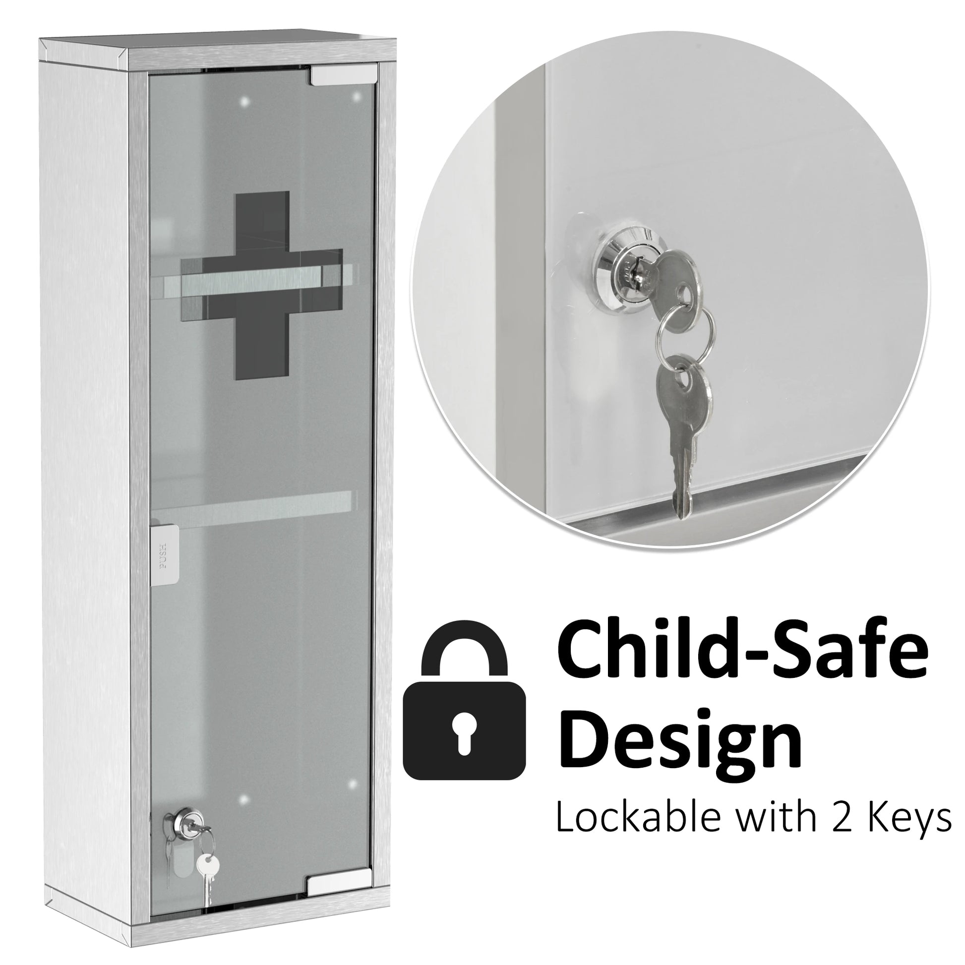 Wall Mount Medicine Cabinet, 3 Tier Shelves, Stainless Steel Frame, Glass Door, Lockable, 8" x 23", Silver Mirror Medicine Cabinets at Gallery Canada