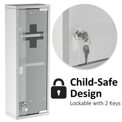 Wall Mount Medicine Cabinet, 3 Tier Shelves, Stainless Steel Frame, Glass Door, Lockable, 8" x 23", Silver Mirror Medicine Cabinets at Gallery Canada