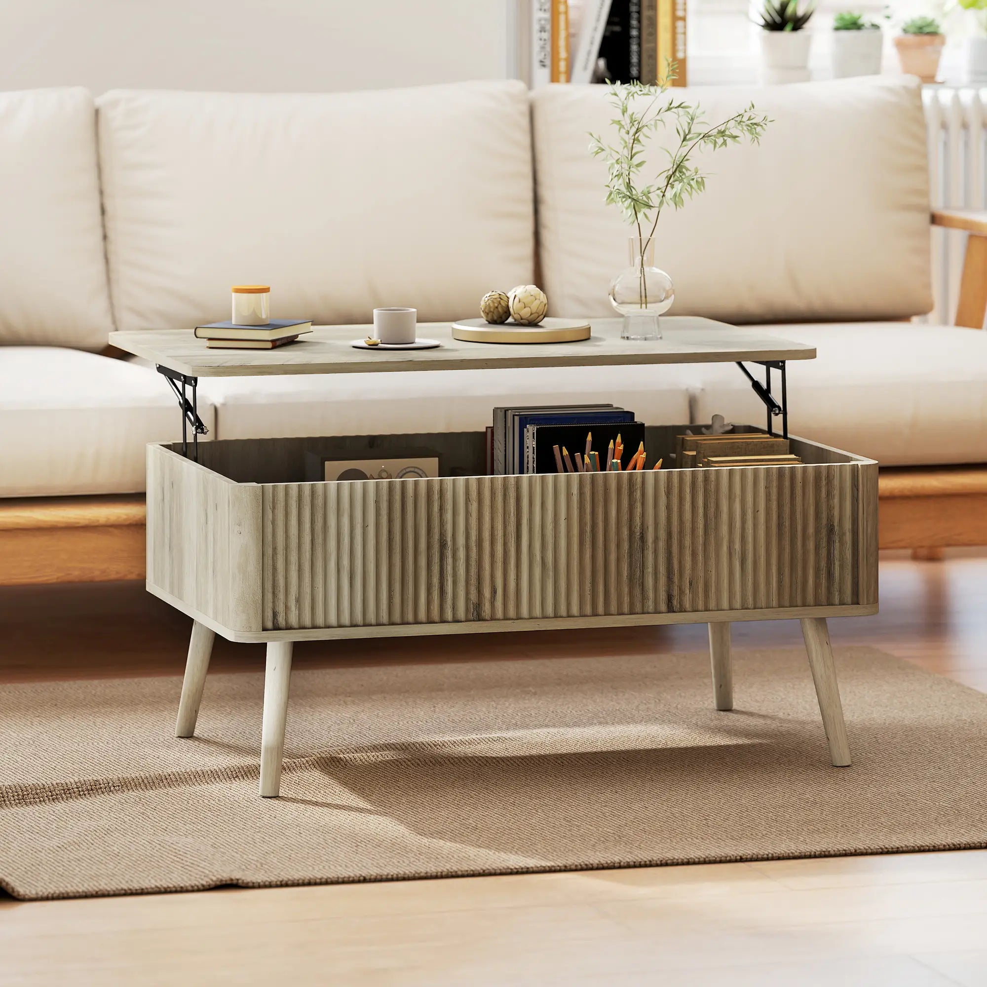 Lift Top Coffee Table with Storage, Hidden Compartments, Pine Wood Legs, Oak Coffee Tables at Gallery Canada