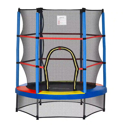 55" Kids Trampoline with Enclosure Net, Indoor/Outdoor, Multi-Coloured Trampolines Blue, Black, Yellow, Red at Gallery Canada