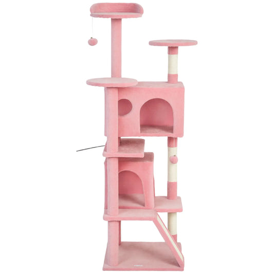 63" Cat Tree, Multi-Level Tower With Scratching Posts, Condos, Bed, Pink