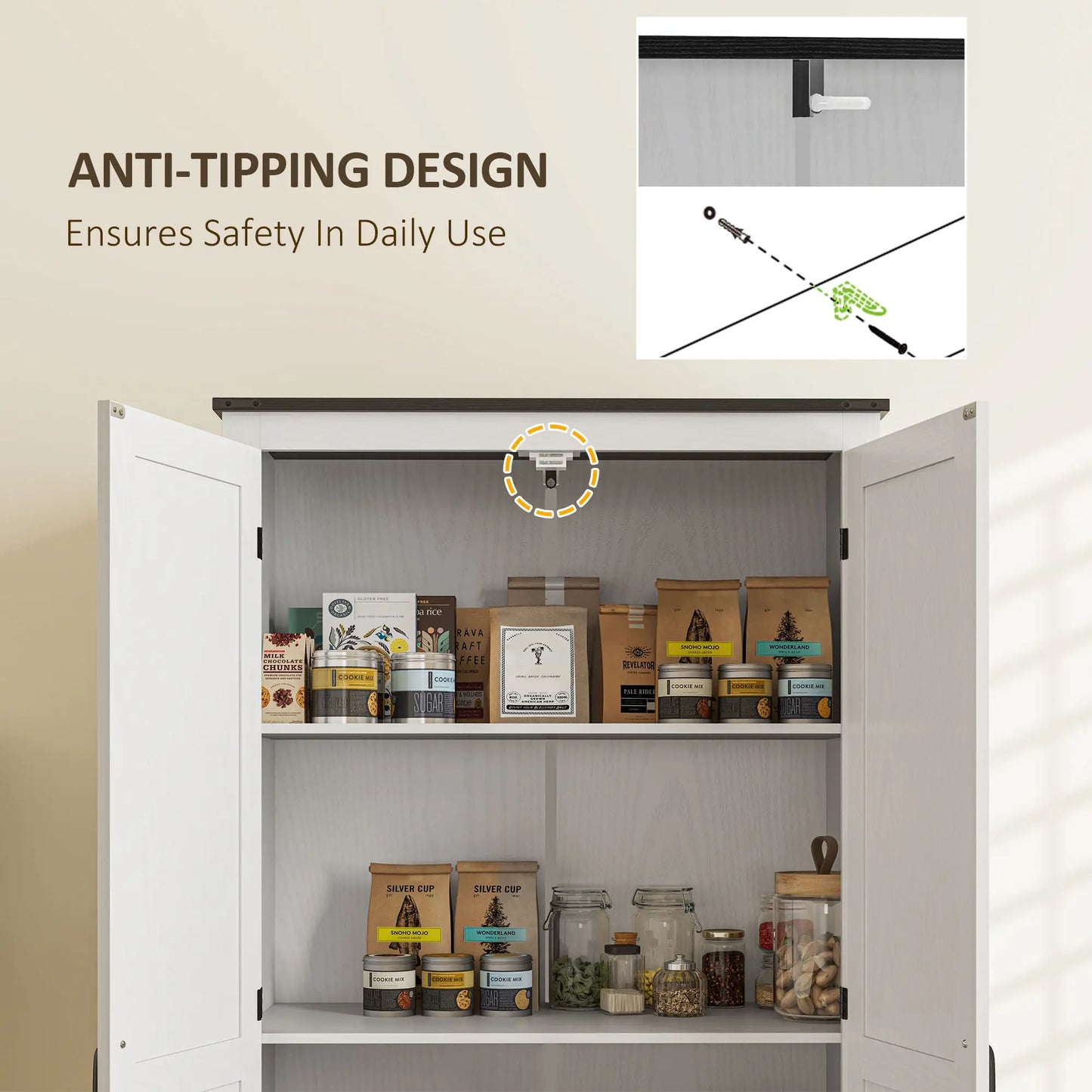 72" Farmhouse Pantry Cabinet, Adjustable Shelves, 2 Doors, White Wood Grain, White Kitchen Pantry Cabinets at Gallery Canada