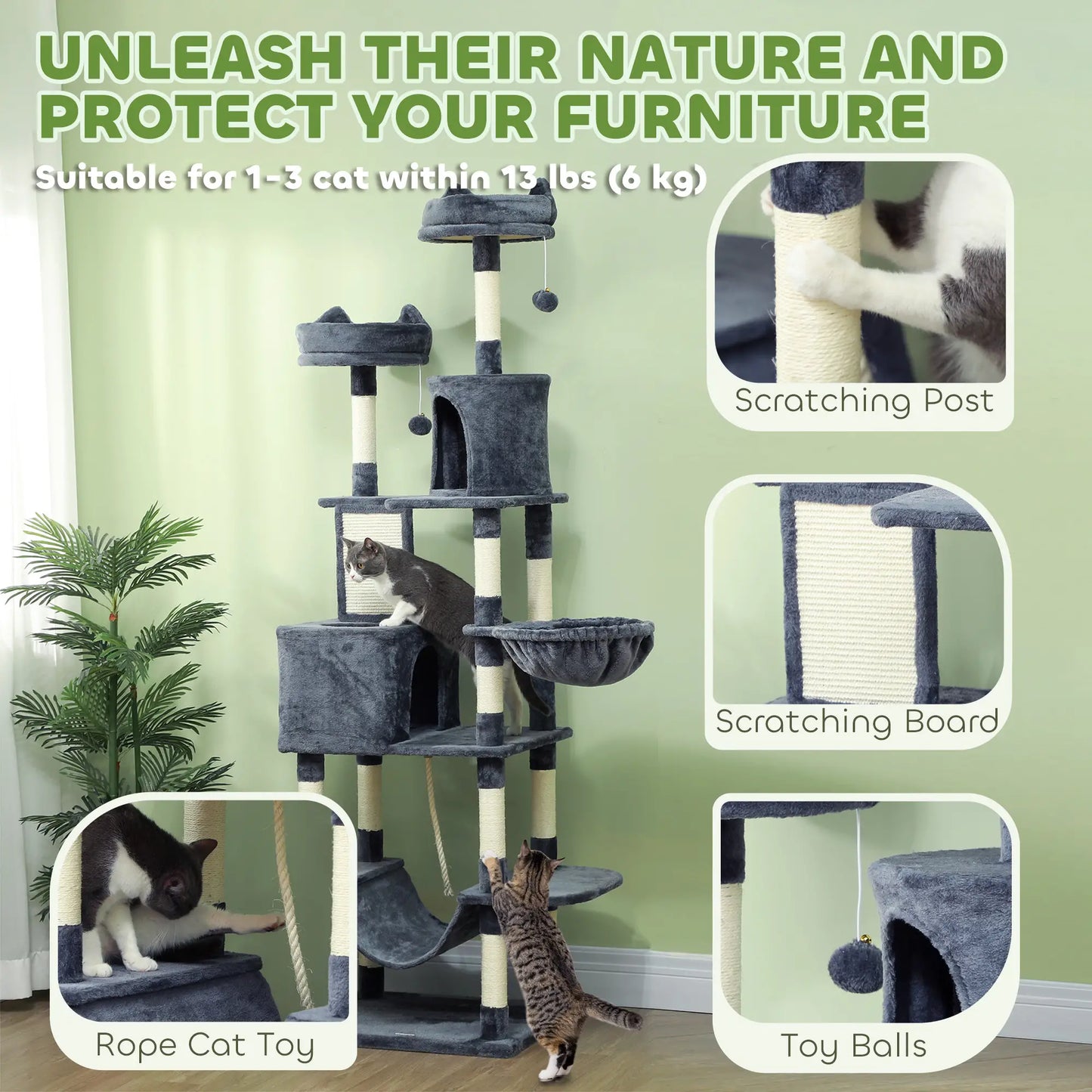 81" Large Cat Tree, Scratching Posts, Condos, Beds, Hammocks, Dark Grey Cat Towers at Gallery Canada