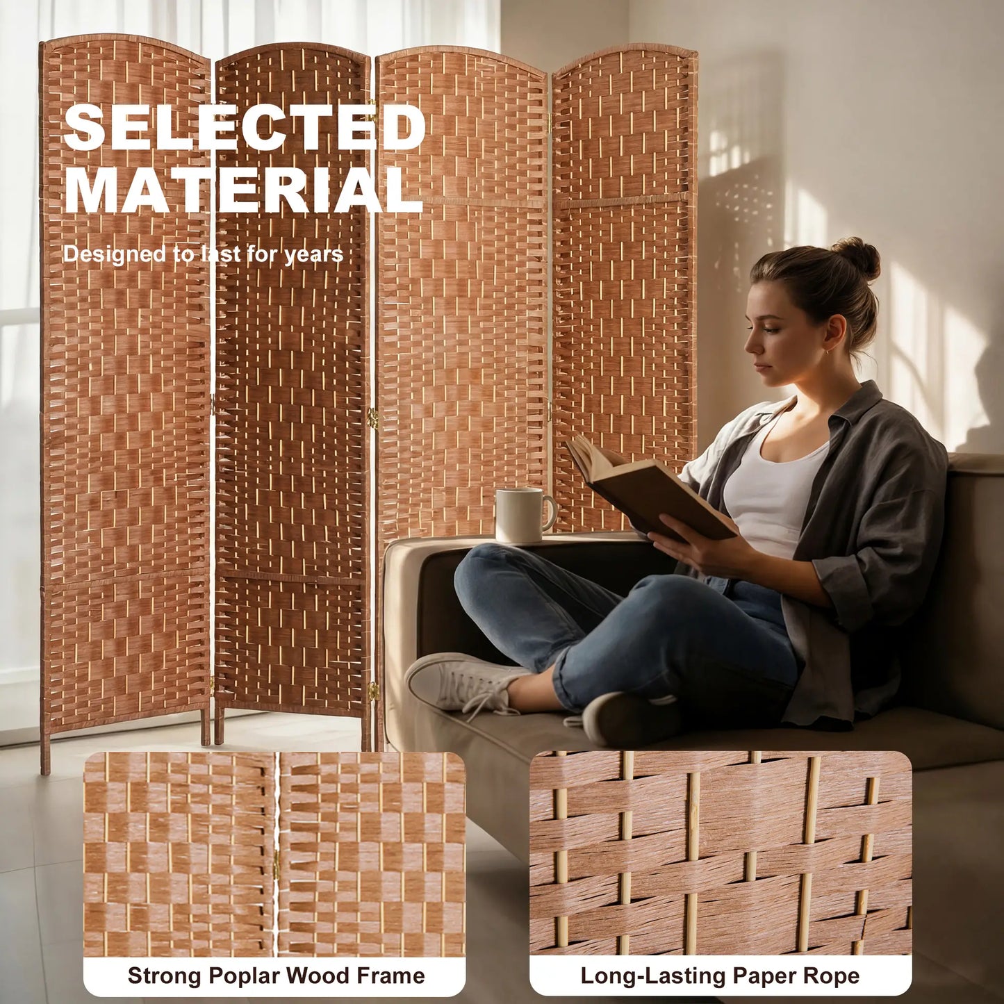 6ft Folding Room Divider, 4 Panel Wooden Frame, Natural Room Dividers at Gallery Canada