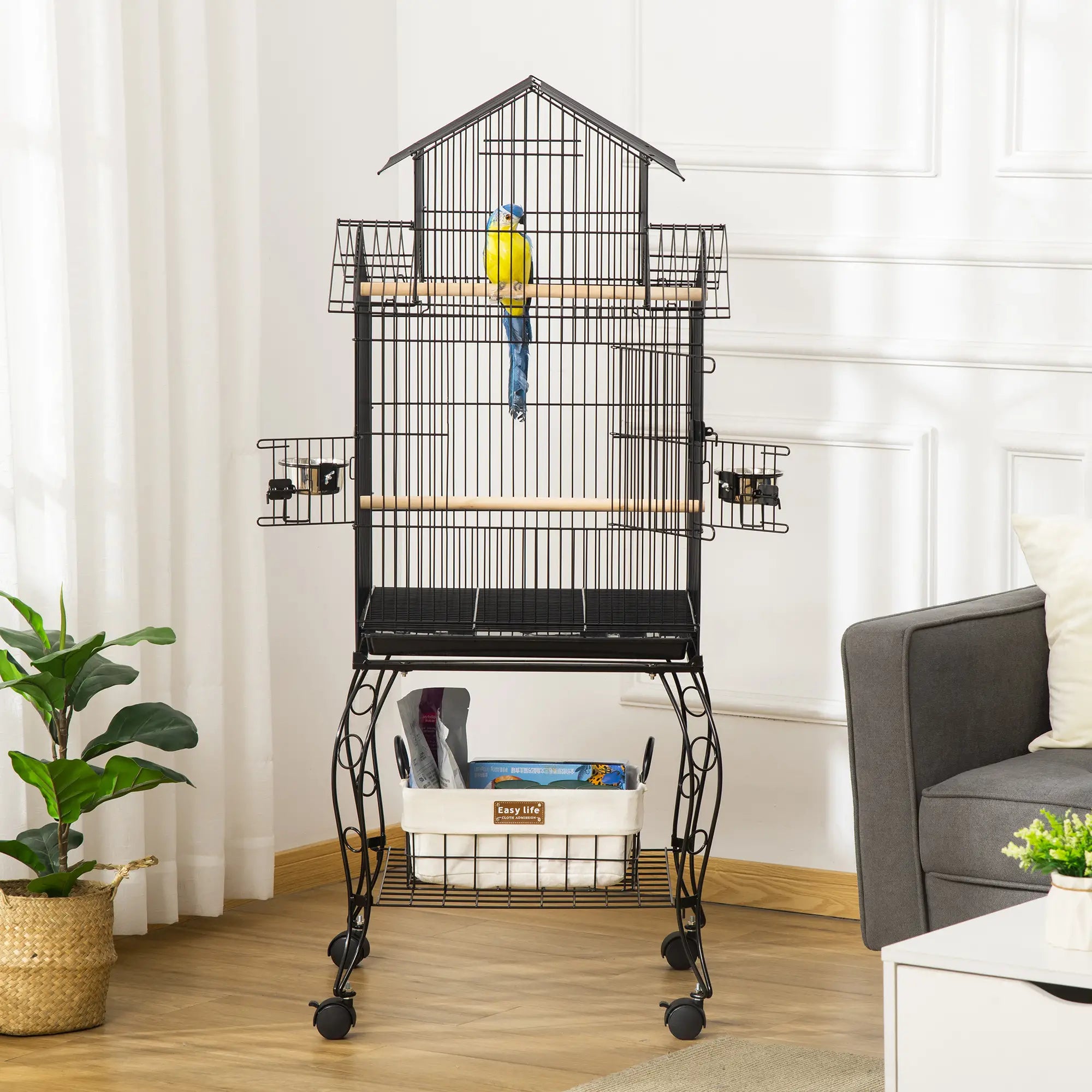 53.9'' Large Rolling Bird Cage, Detachable Stand, Storage Shelf, Black Bird Cages at Gallery Canada