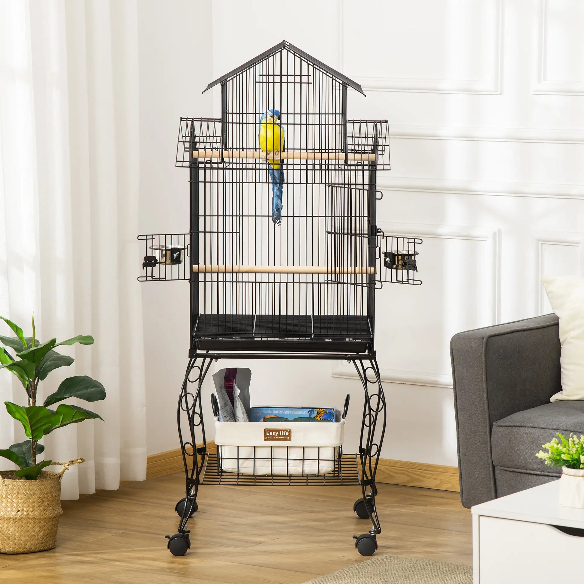 53.9'' Large Rolling Bird Cage, Detachable Stand, Storage Shelf, Black Bird Cages at Gallery Canada