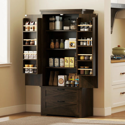 Farmhouse Kitchen Pantry Cabinet, 64", Distressed Dark Brown Kitchen Pantry Cabinets at Gallery Canada