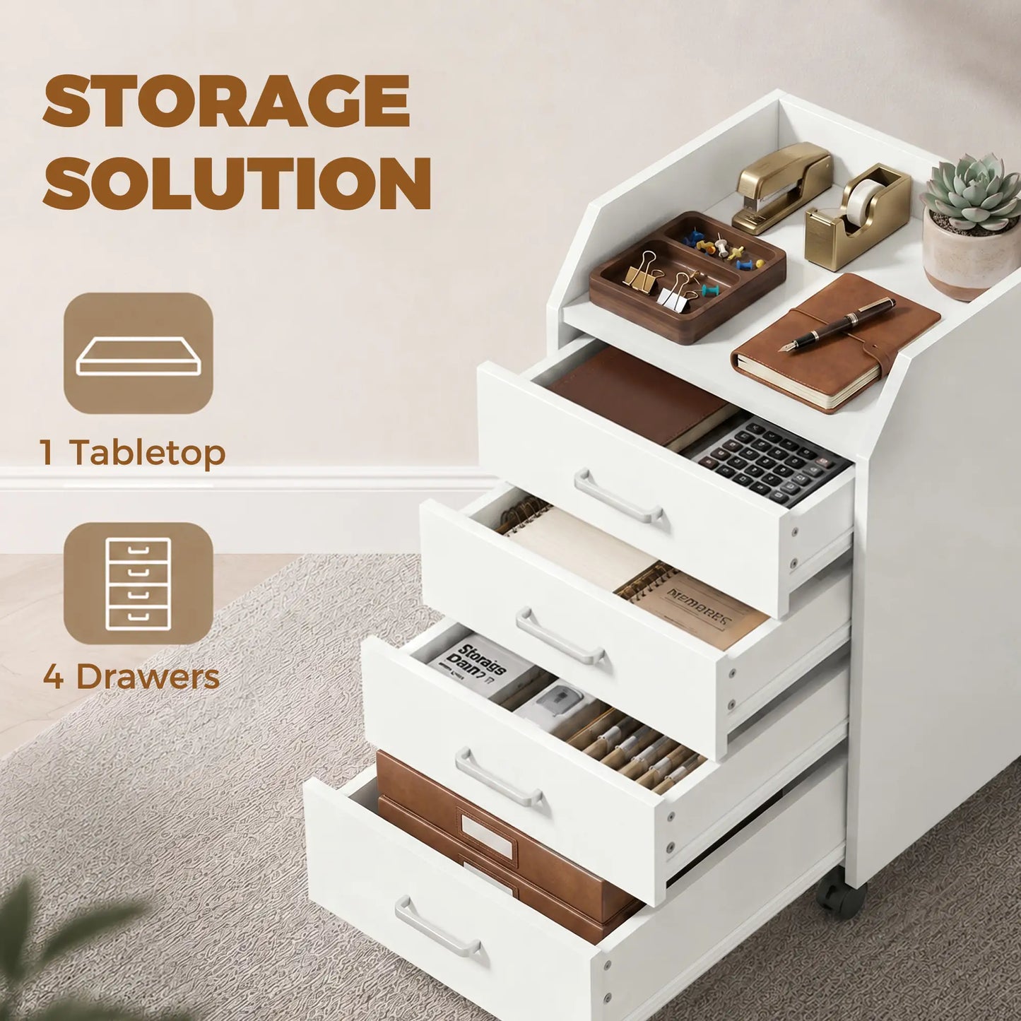 Armoire de classement verticale mobile à 4 tiroirs avec roues verrouillables, blanc