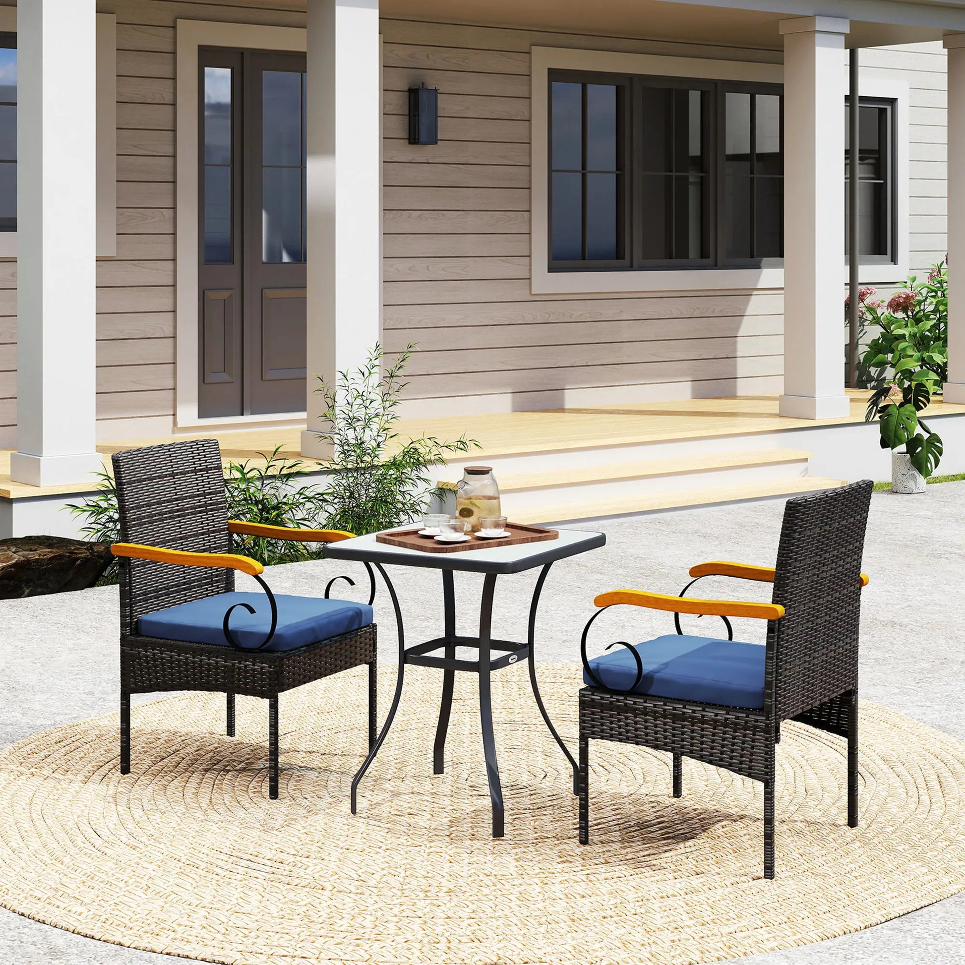 Set of 2 Rattan Outdoor Dining Chairs, Removable Cushion, Navy Blue Patio Chairs at Gallery Canada