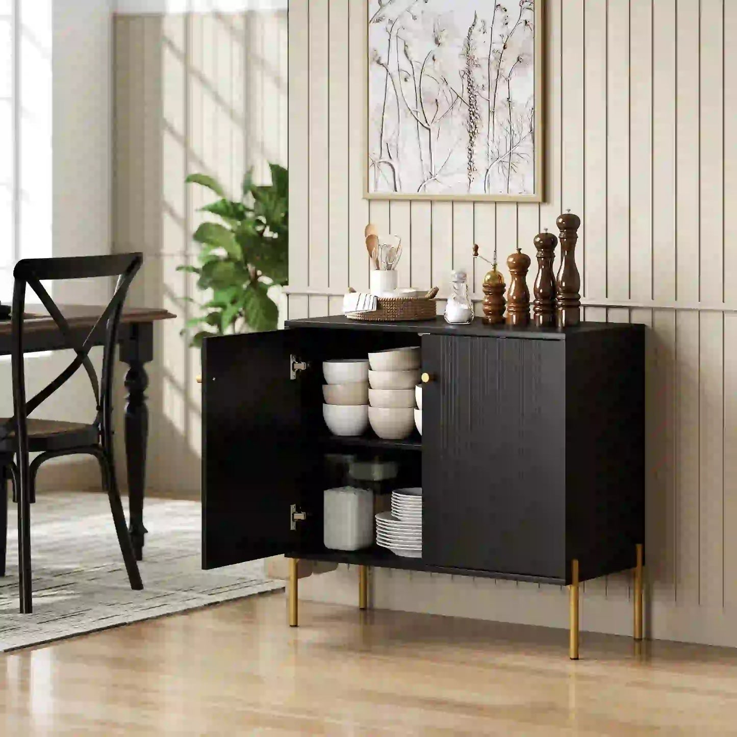 Sideboard, Modern Buffet Cabinet, Coffee Bar with Fluted Doors, Black Storage Cabinets at Gallery Canada