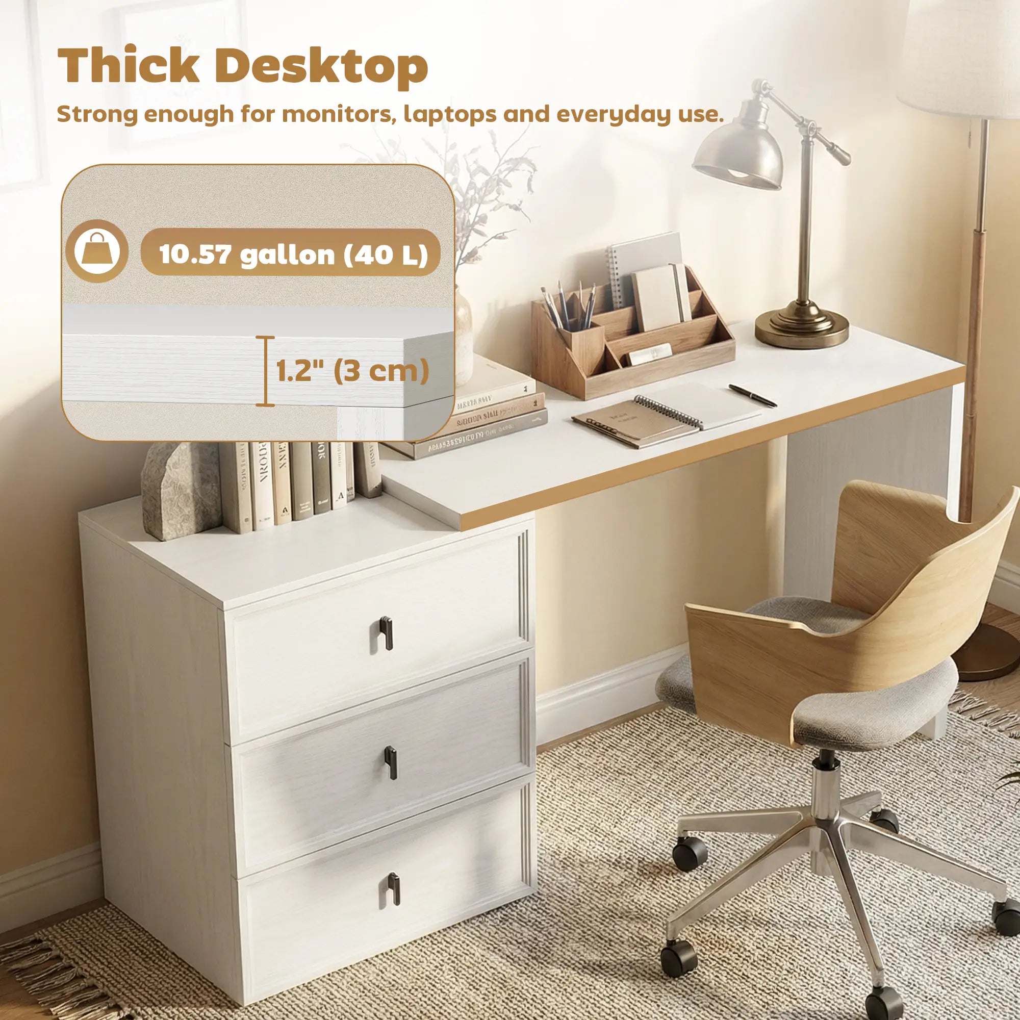 L Shaped Computer Desk, 3 Drawers, White Wood Grain, White Computer Desks at Gallery Canada
