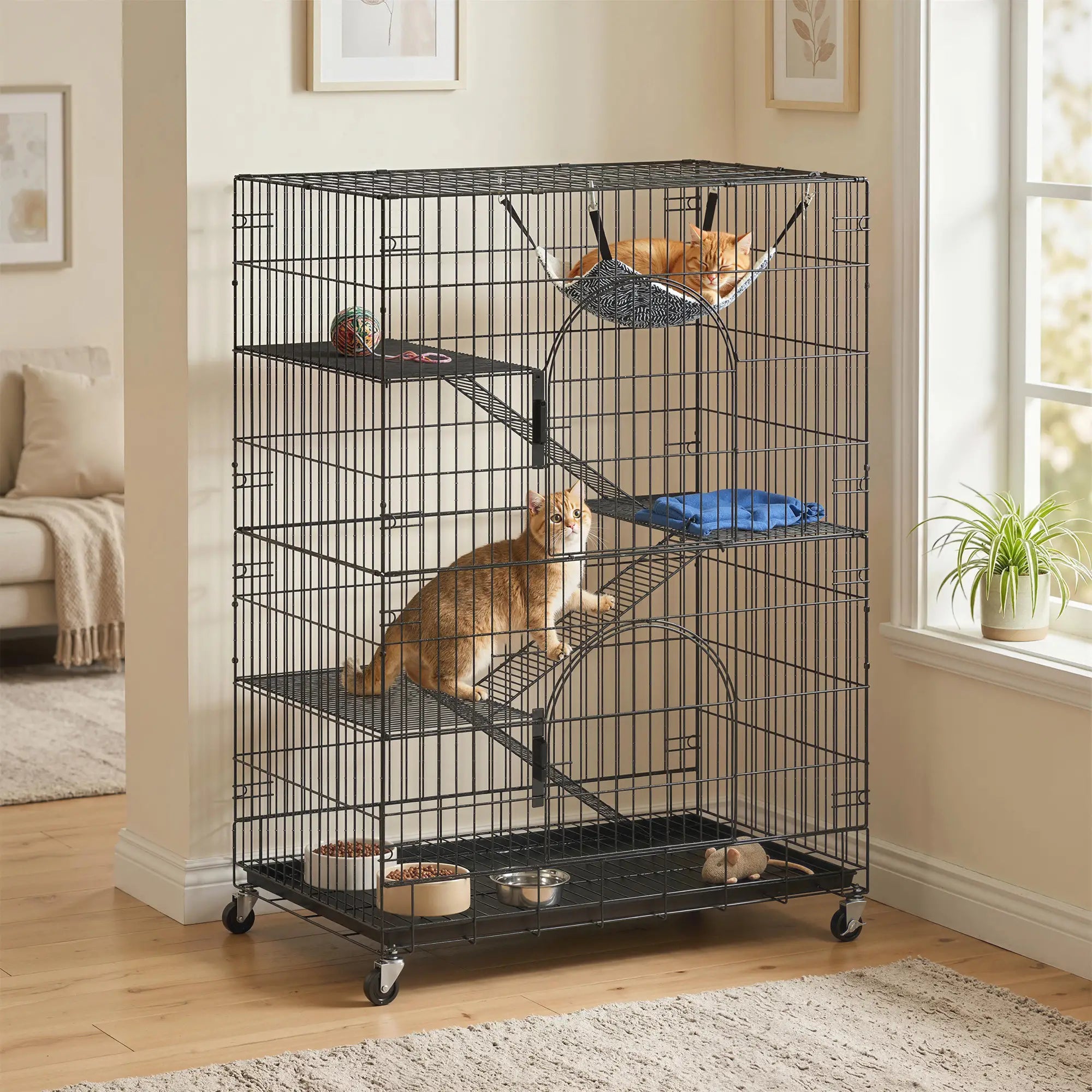 4-Tier Cat Cage, Large Enclosure with Lockable Wheels, Tray, Hammock Outdoor Cat Enclosures at Gallery Canada