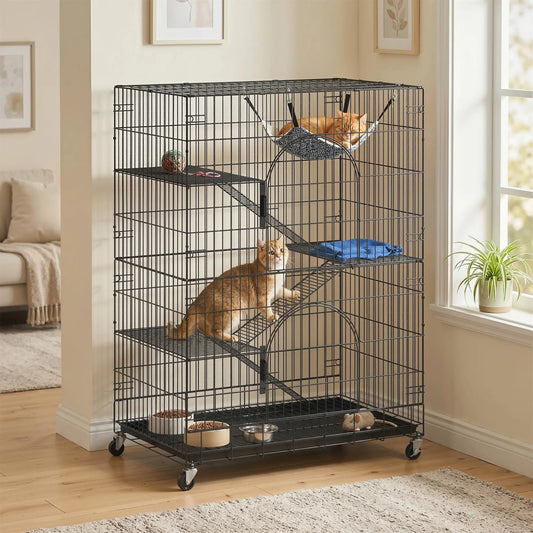 4-Tier Cat Cage, Large Enclosure with Lockable Wheels, Tray, Hammock Outdoor Cat Enclosures Black, Grey, Blue at Gallery Canada
