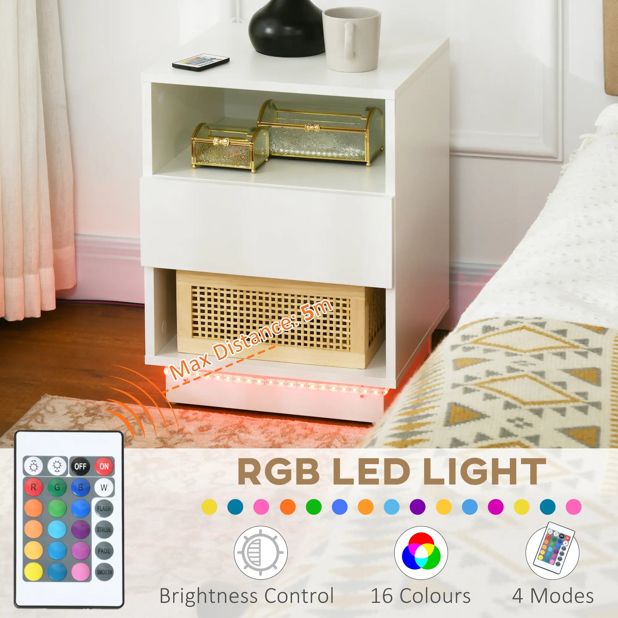 LED Nightstand with Lights, Drawer, 2 Shelves, Remote, 15.7 Inch Bedside Tables at Gallery Canada
