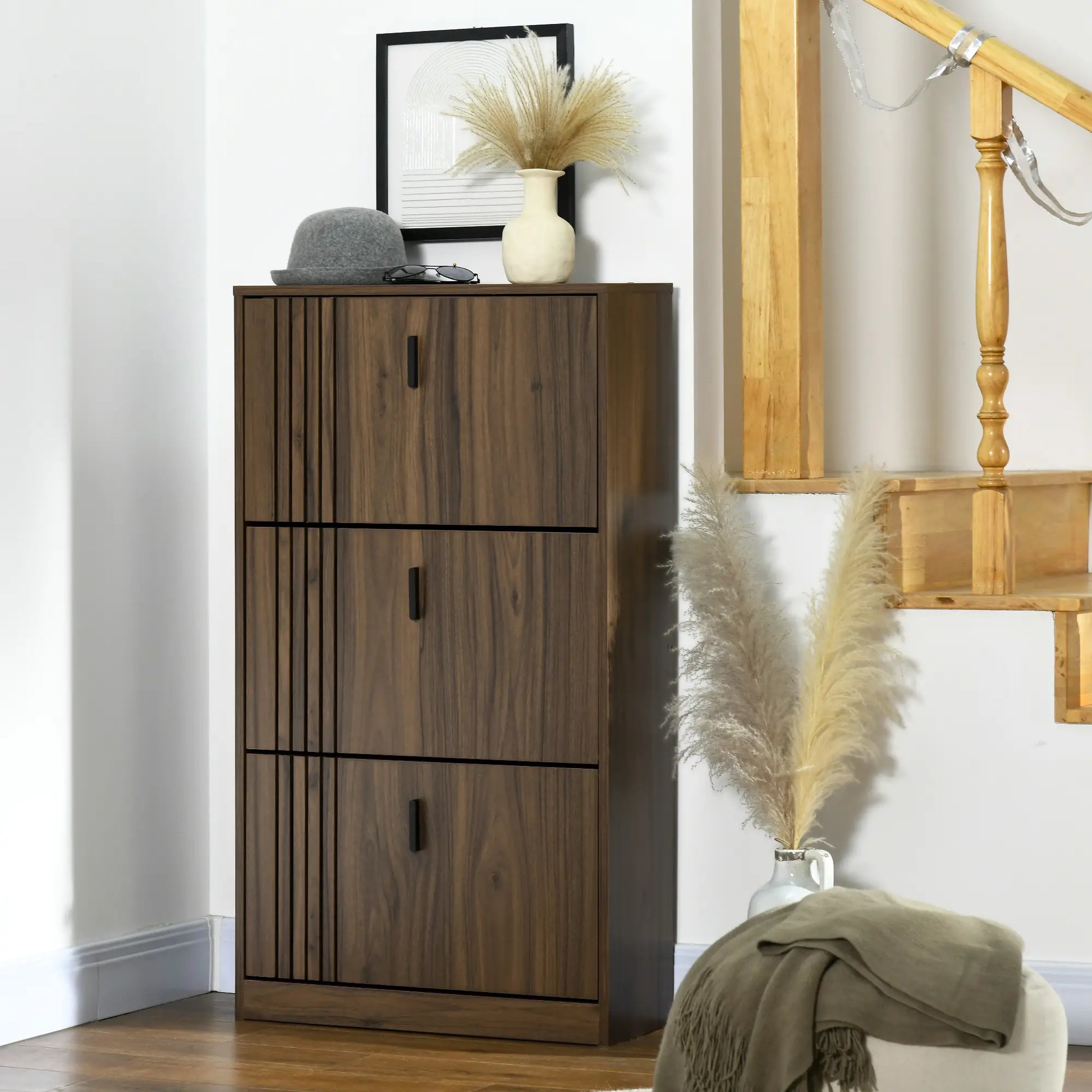 Shoe Storage Cabinet, 18 Pairs, 3 Flip Drawers, Adjustable Shelves, Walnut Shoe Storage Cabinets & Racks at Gallery Canada