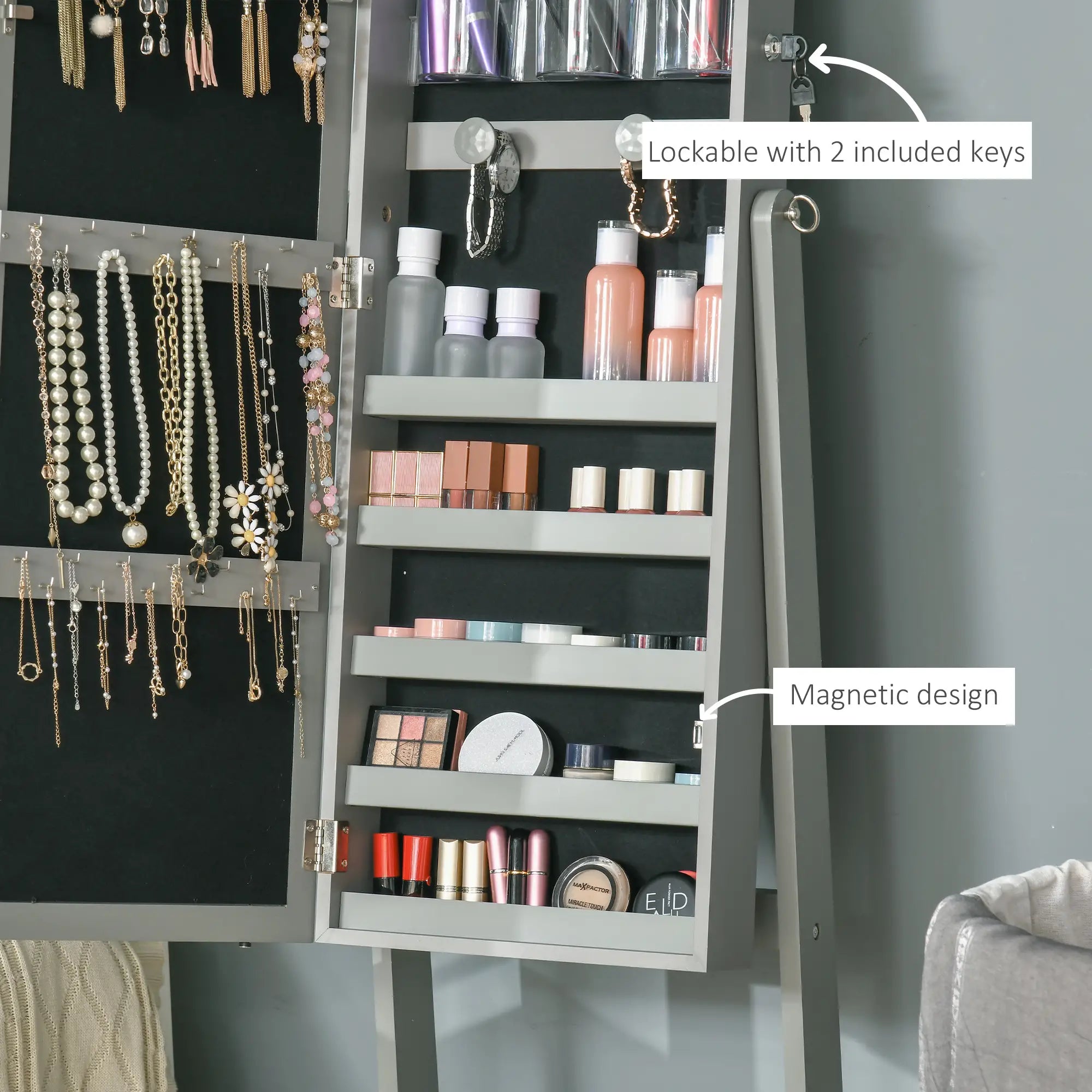 Lockable Jewelry Armoire with LED Light, Standing Mirror, Grey Jewelry Armoire & Jewellery Mirror Cabinets at Gallery Canada