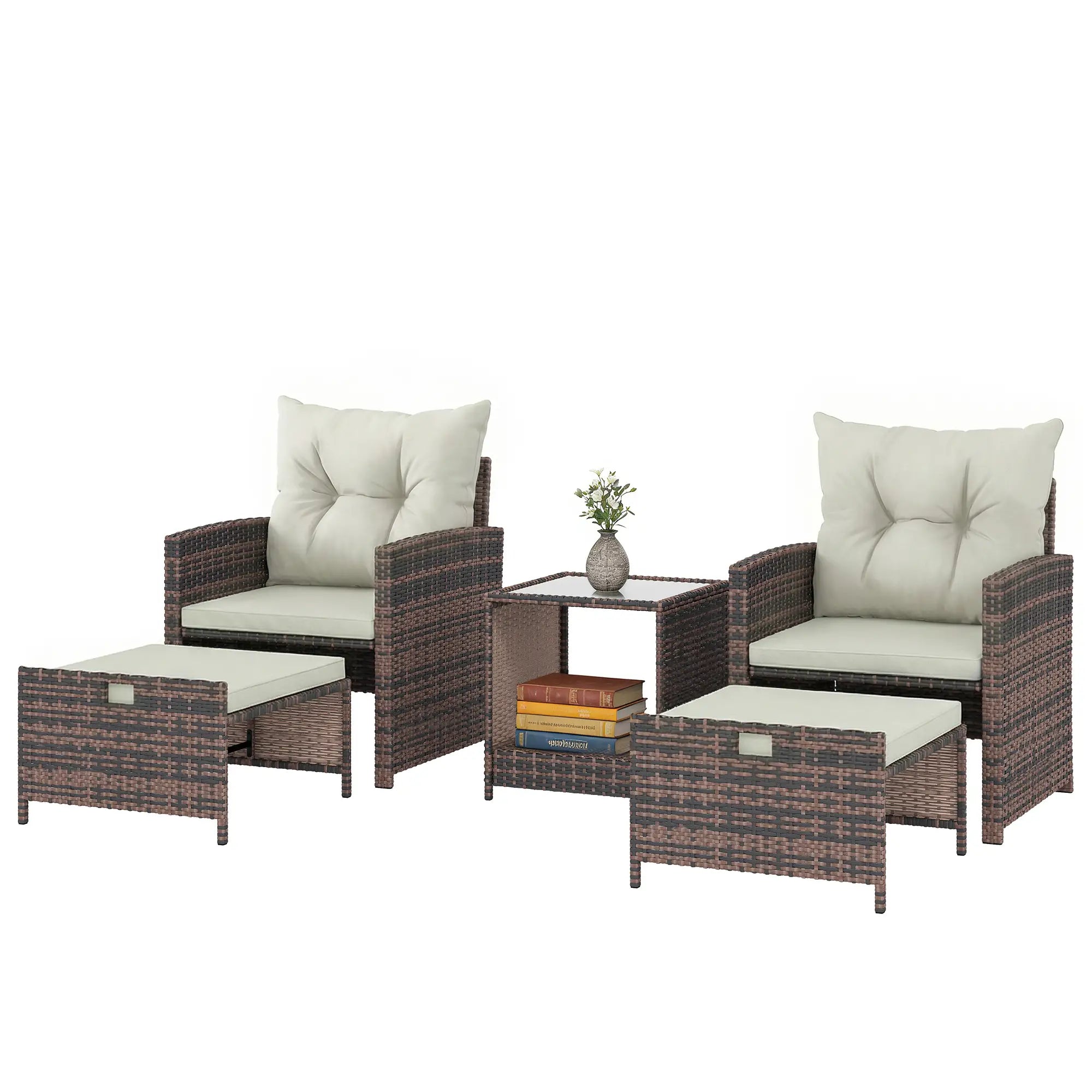 5 Piece Patio Set, Wicker Chairs With Ottomans, Glass Coffee Table, Brown Cream Patio Furniture Sets Mixed Brown, Cream White, Black at Gallery Canada