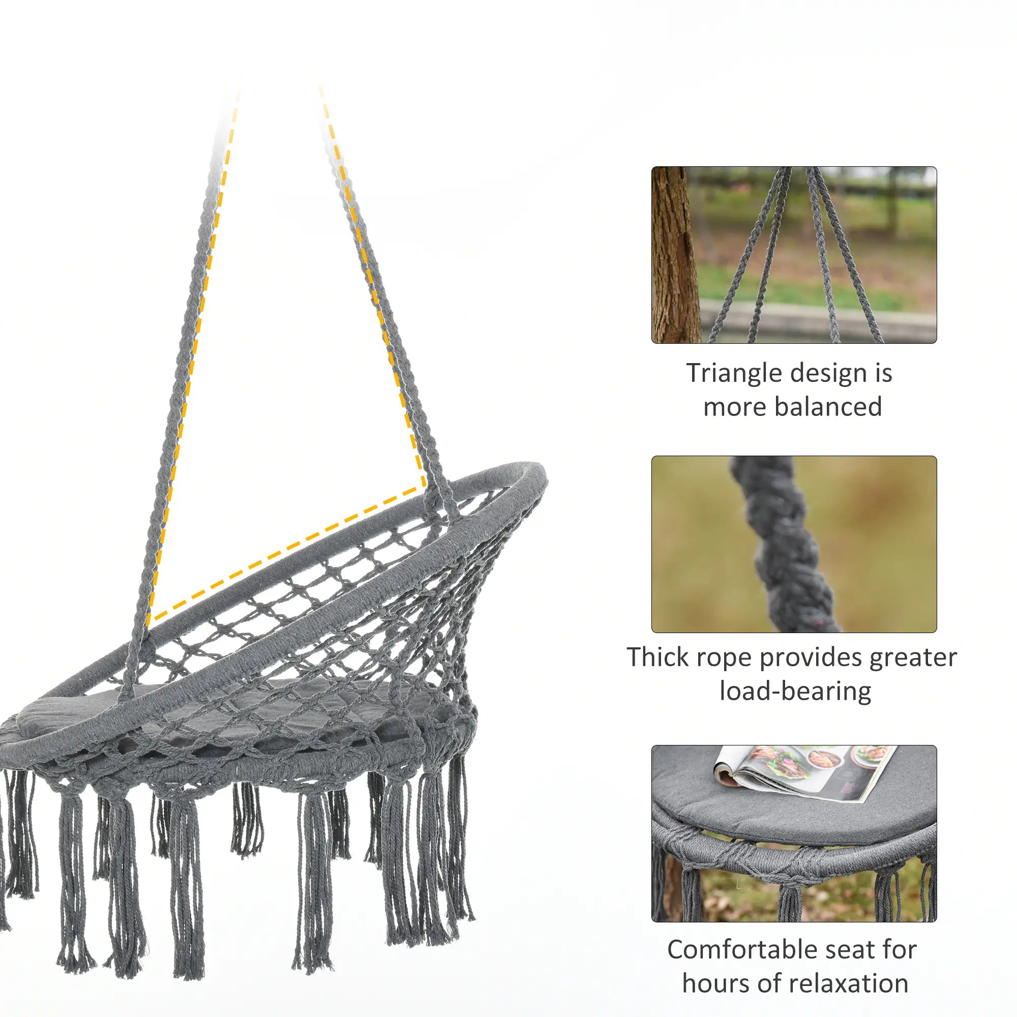 Hanging Rope Hammock Swing, Indoor Outdoor, Cotton-Polyester, Dark Grey Hammock Swings at Gallery Canada