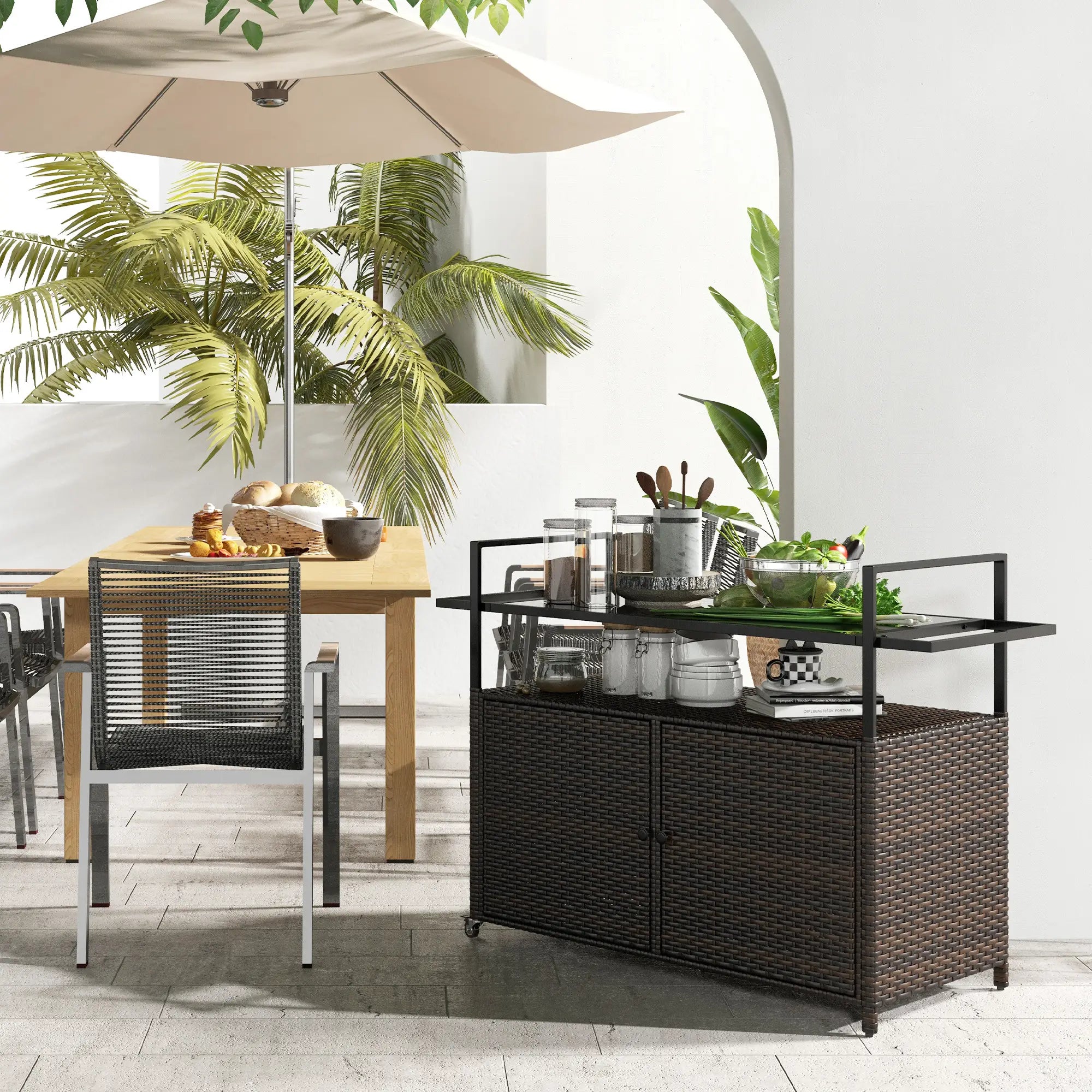 2-Tier PE Rattan Bar Cart, Glass Top Outdoor Kitchen Island, Mixed Brown, Brown Kitchen Islands & Kitchen Carts at Gallery Canada