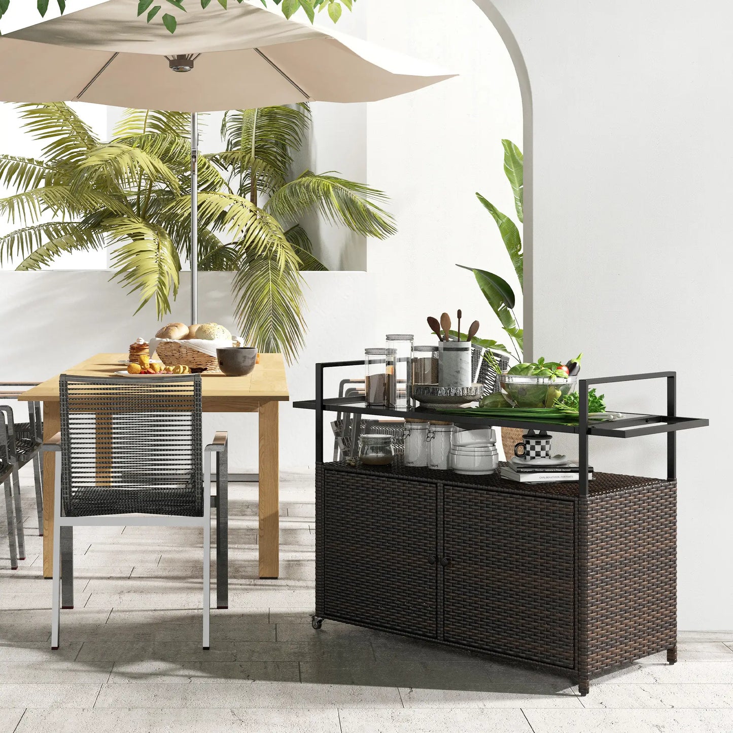 2-Tier PE Rattan Bar Cart, Glass Top Outdoor Kitchen Island, Mixed Brown, Brown Kitchen Islands & Kitchen Carts at Gallery Canada