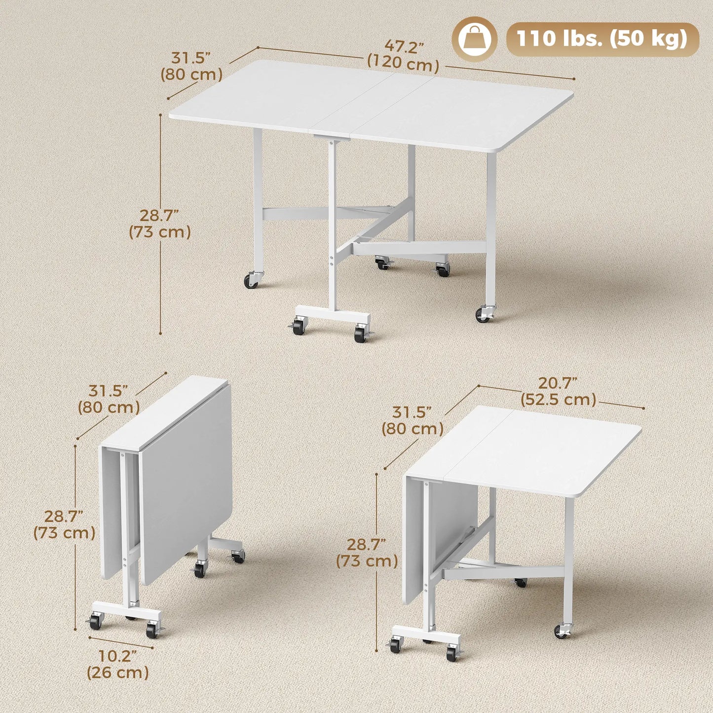 Six-Seater Drop-Leaf Dining Table with Wheels, White Dining Tables at Gallery Canada