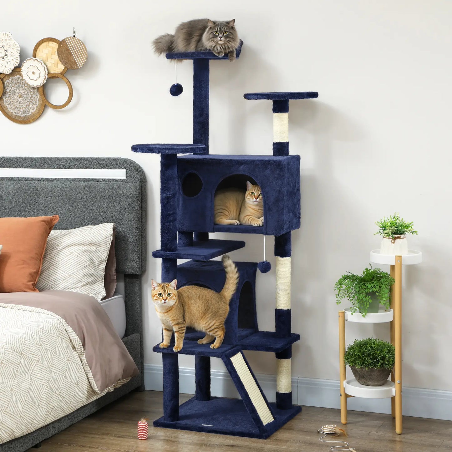 63" Cat Tree, Multi-Level Tower, Scratching Posts, Condos, Bed, Dark Blue