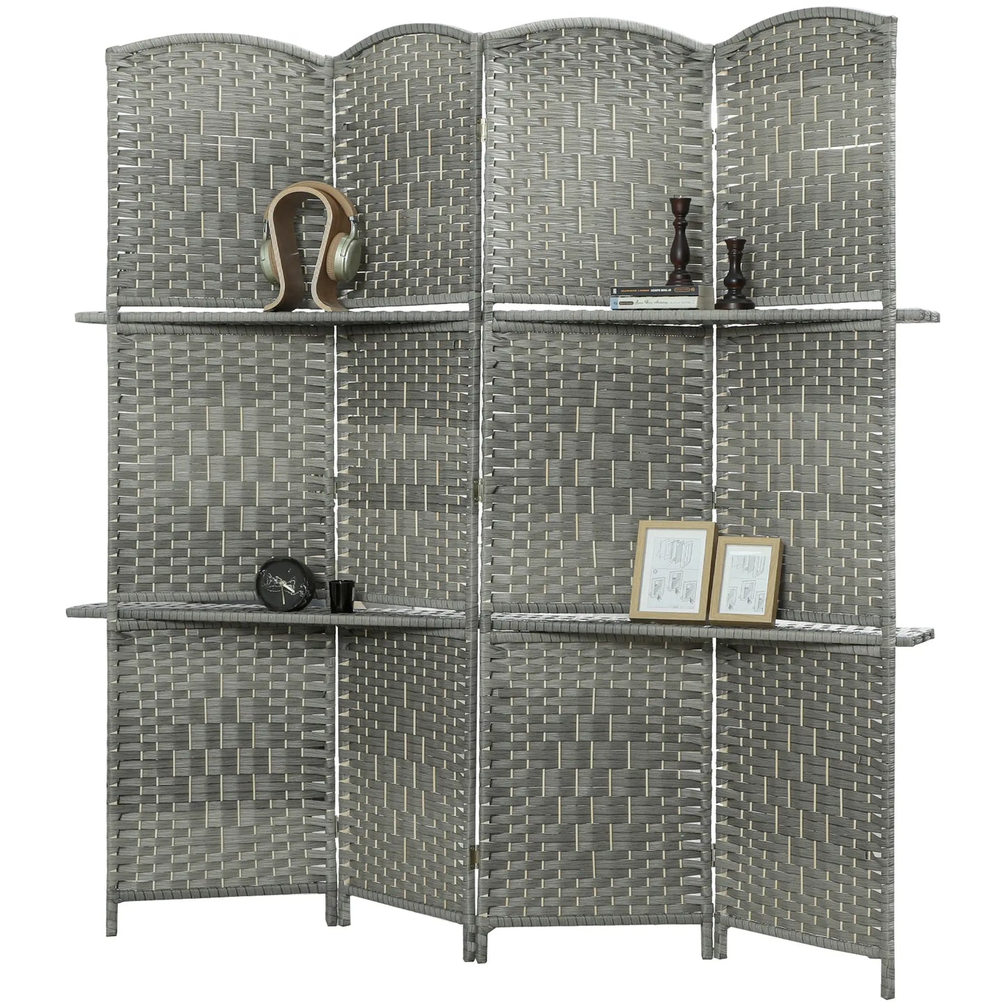 6 FT Privacy Screen, 4 Panel Room Divider With Shelves, Grey