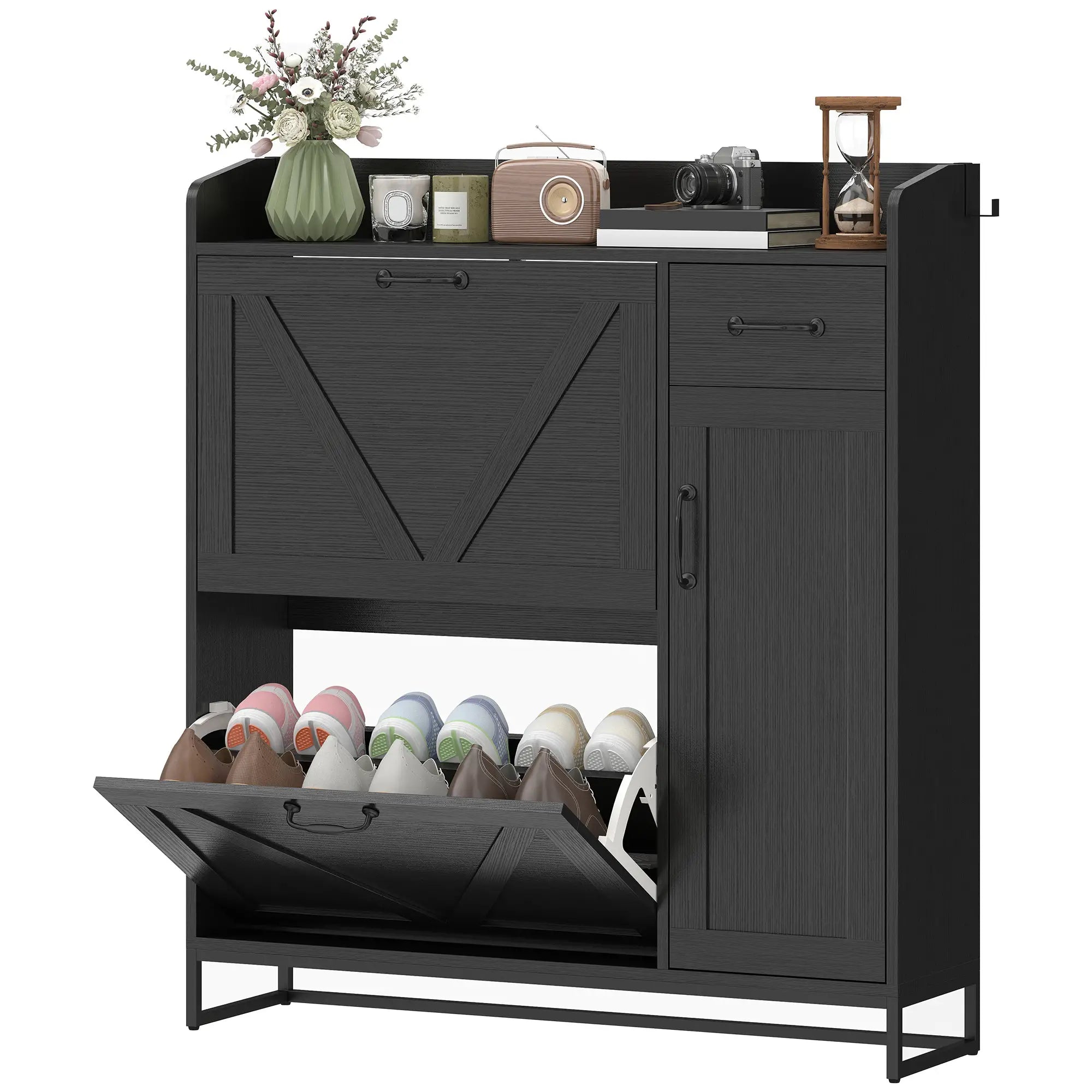Farmhouse Shoe Storage Cabinet, Side Cabinet, Adjustable Shelves, Black Shoe Storage Cabinets & Racks Distressed Black at Gallery Canada