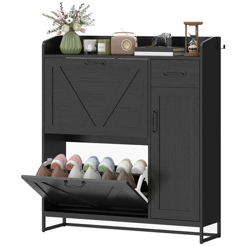 Farmhouse Shoe Storage Cabinet, Side Cabinet, Adjustable Shelves, Black