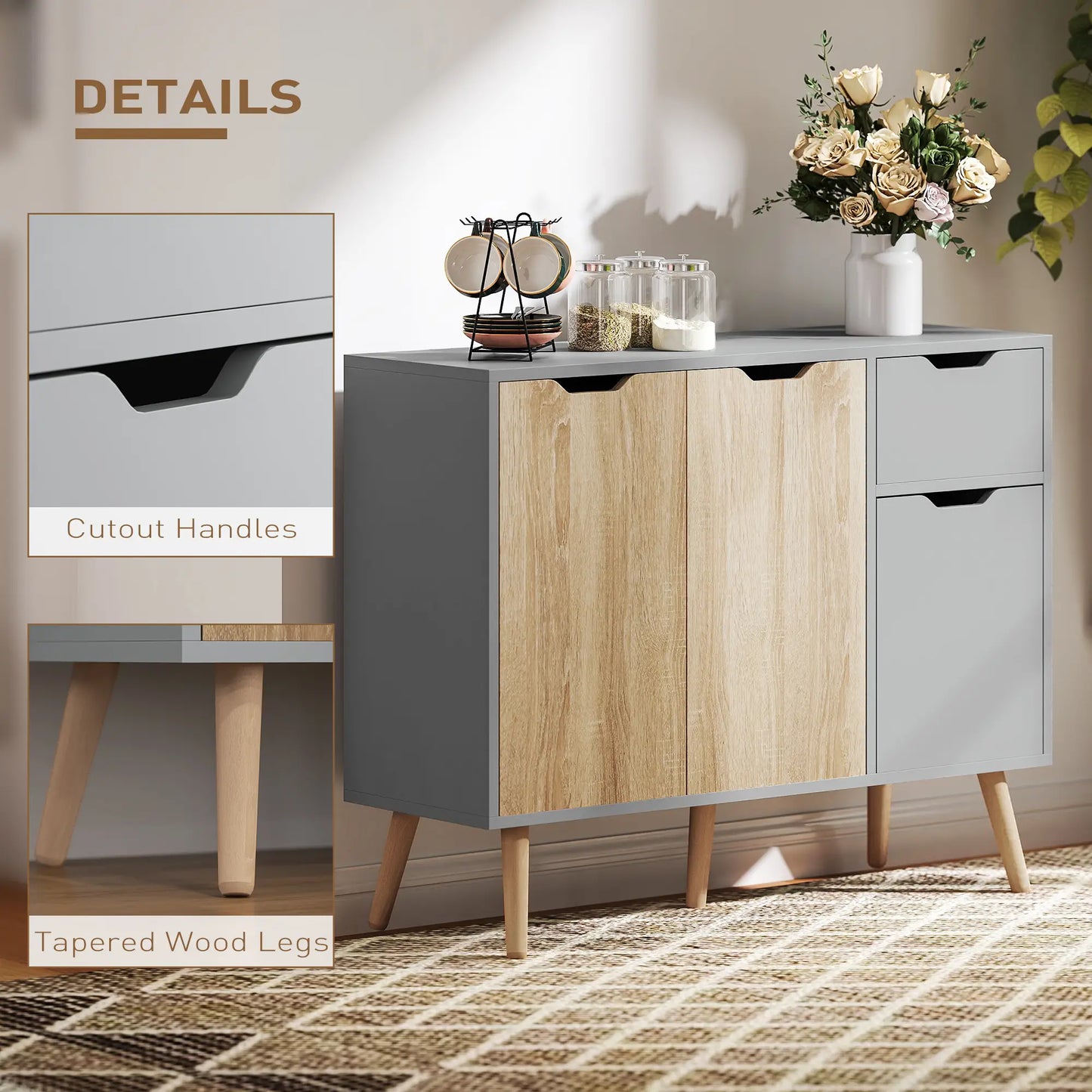35" Sideboard Storage Cabinet, Nature Wood, Grey Bar Cabinets at Gallery Canada