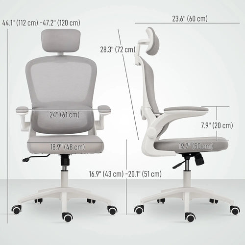 Ergonomic Mesh Office Chair, High Back, Rotatable Headrest, Flip-Up Armrests, Lumbar Support, Grey