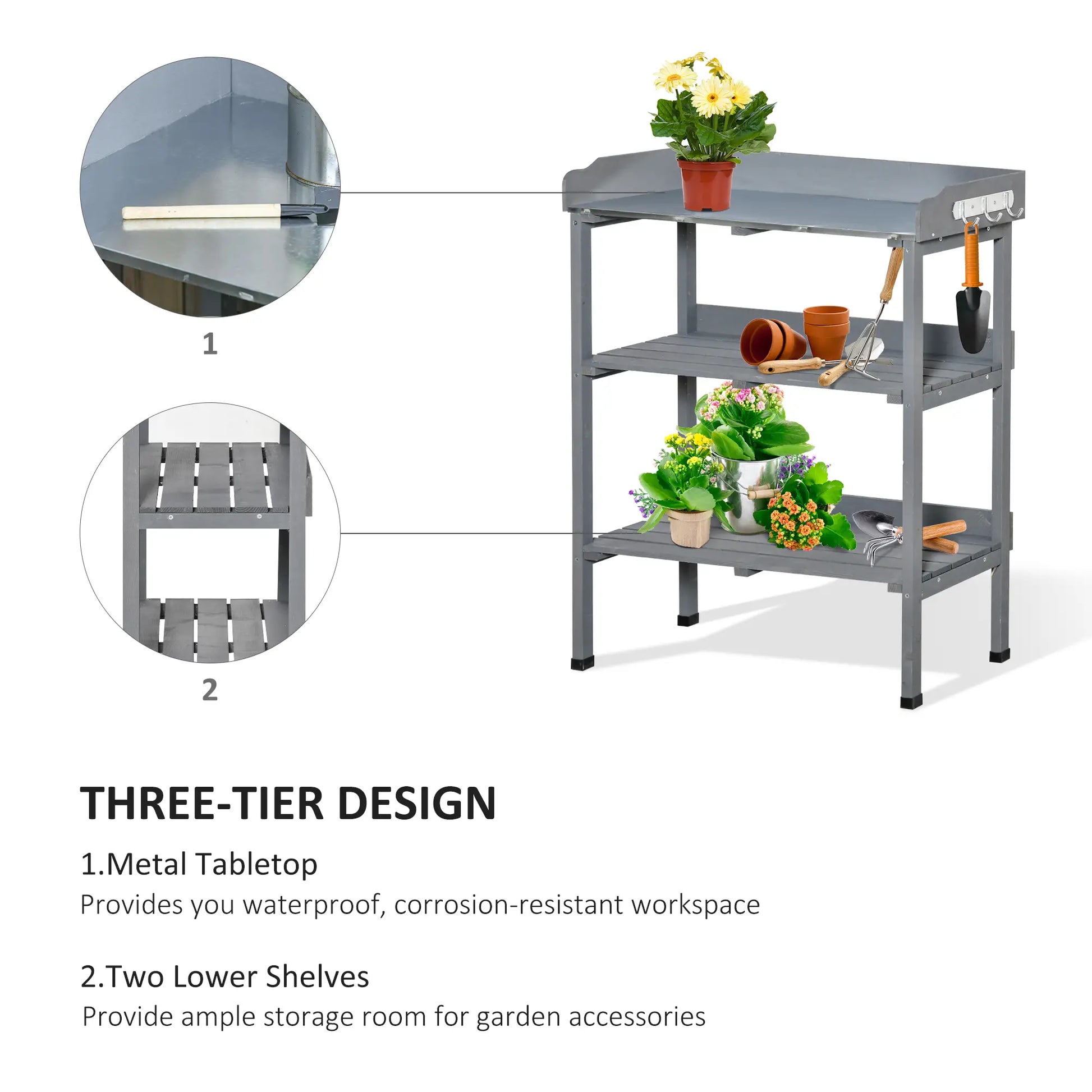 Outdoor Garden Wooden Potting Bench, Work Table w/ Hooks, Grey Potting Benches & Tables at Gallery Canada