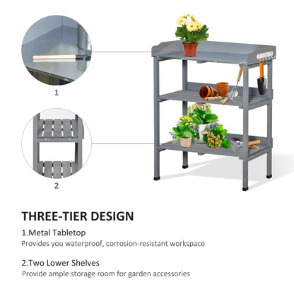 Outdoor Garden Wooden Potting Bench, Work Table w/ Hooks, Grey Potting Benches & Tables at Gallery Canada