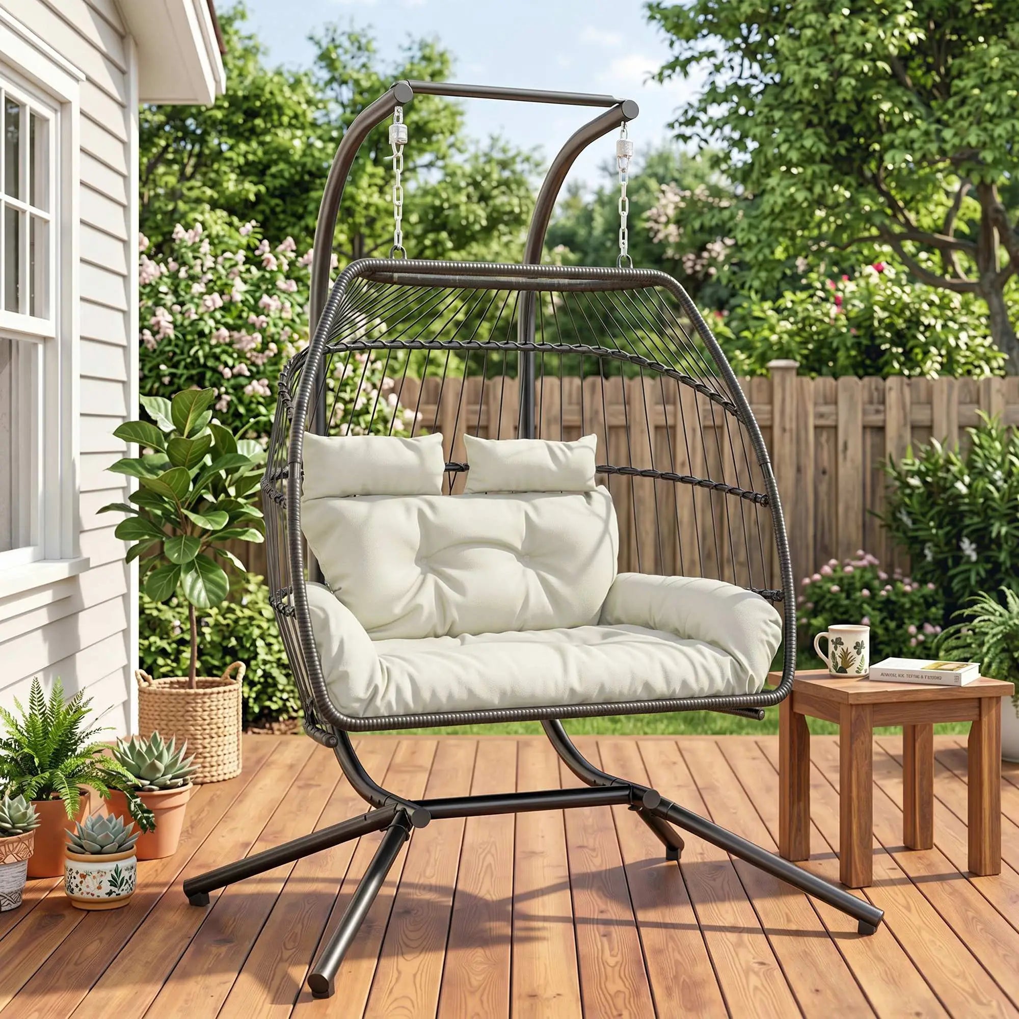 Double Wicker Egg Swing Chair, Foldable with Stand, UV Resistant Cushion, Cream White Patio Swings with Stand at Gallery Canada