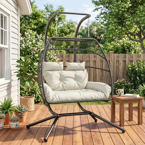 Double Wicker Egg Swing Chair, Foldable with Stand, UV Resistant Cushion, Cream White
