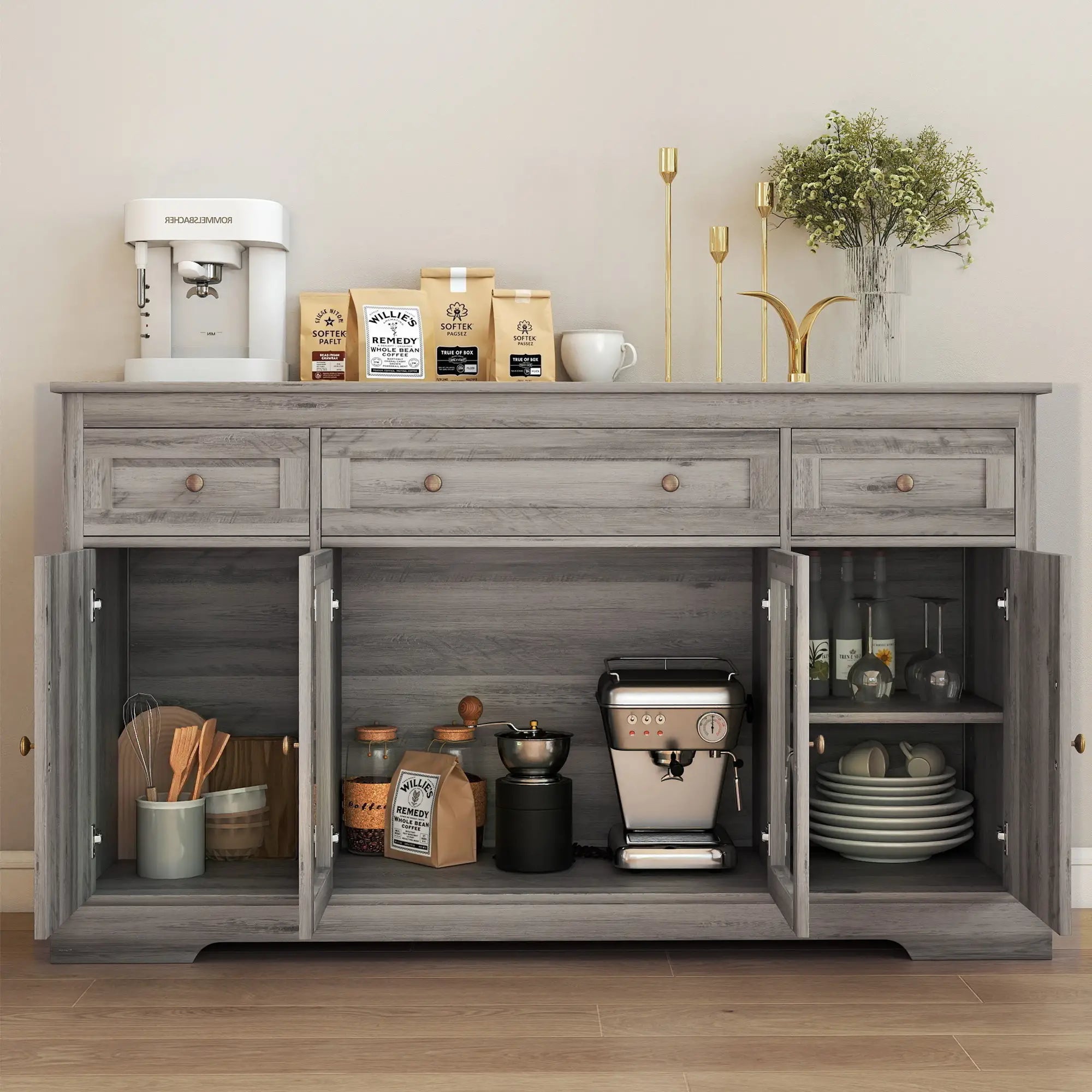 Sideboard Buffet Cabinet, Coffee Bar with Glass Doors, Adjustable Shelves, Weathered Grey Oak, Grey Bar Cabinets at Gallery Canada