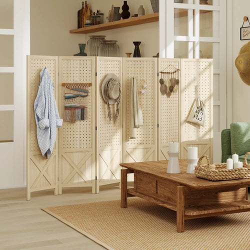 Wooden Room Divider, 6 Panel Folding Privacy Screen, Natural Wood