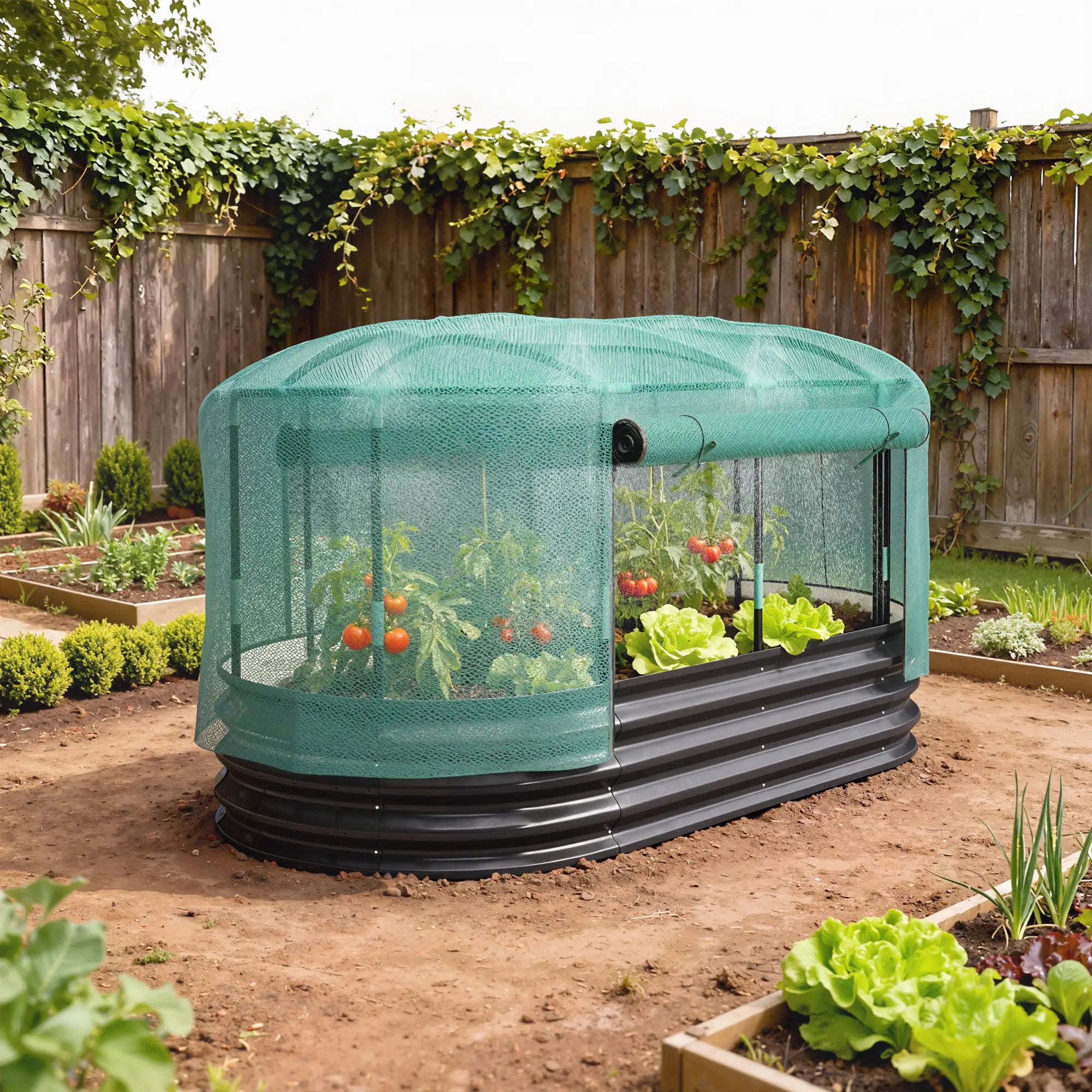 6' x 3' Galvanized Raised Garden Bed, Crop Cage Net Cover, Watering System, Dark Grey Raised Garden Beds at Gallery Canada