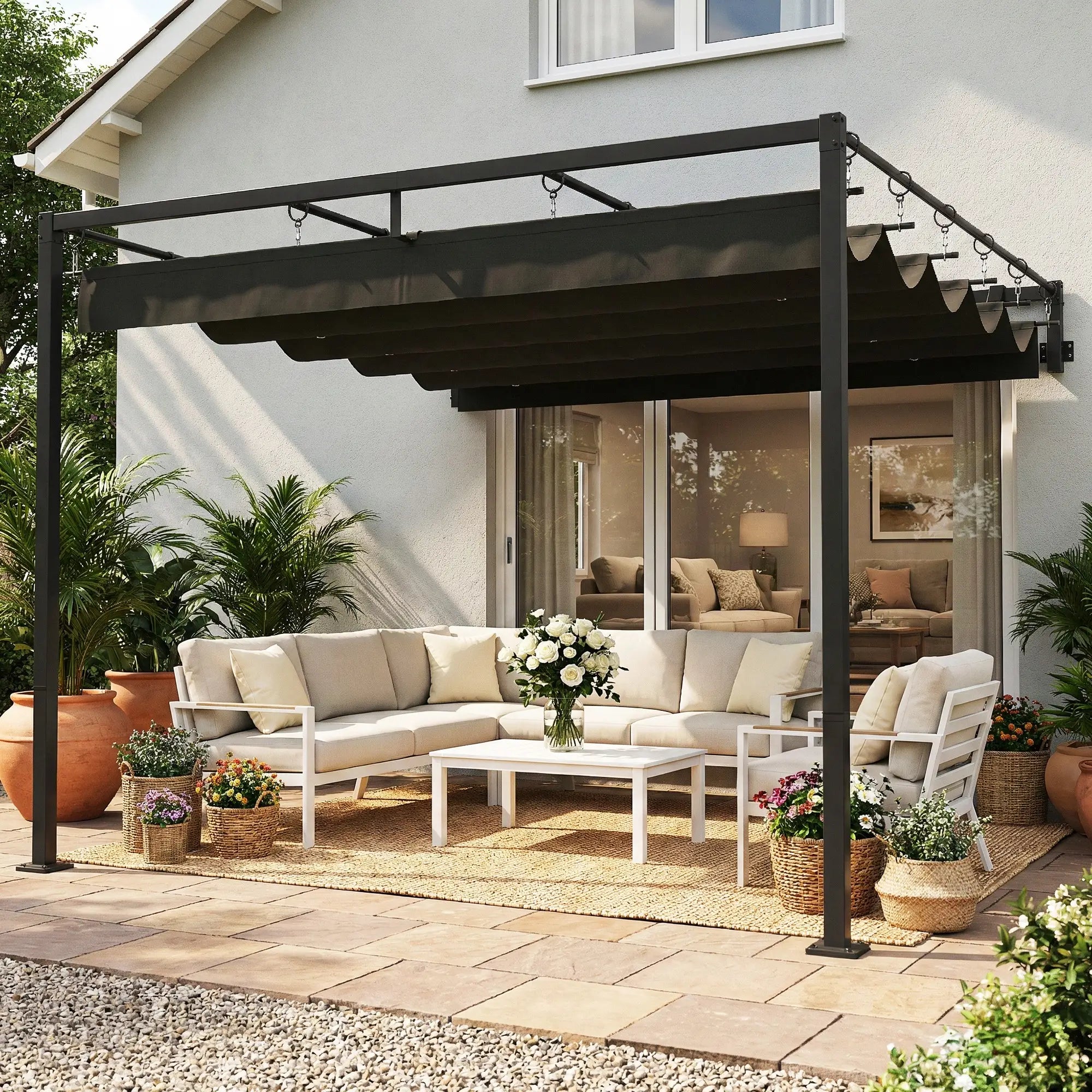 10' x 10' Retractable Pergola Canopy, Wall Mounted, Dark Grey Pergolas at Gallery Canada