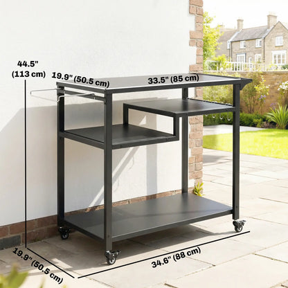 Outdoor Grill Cart, Three-Shelf Pizza Oven Stand With Hooks, Wheels, Black Outdoor Grill Carts at Gallery Canada