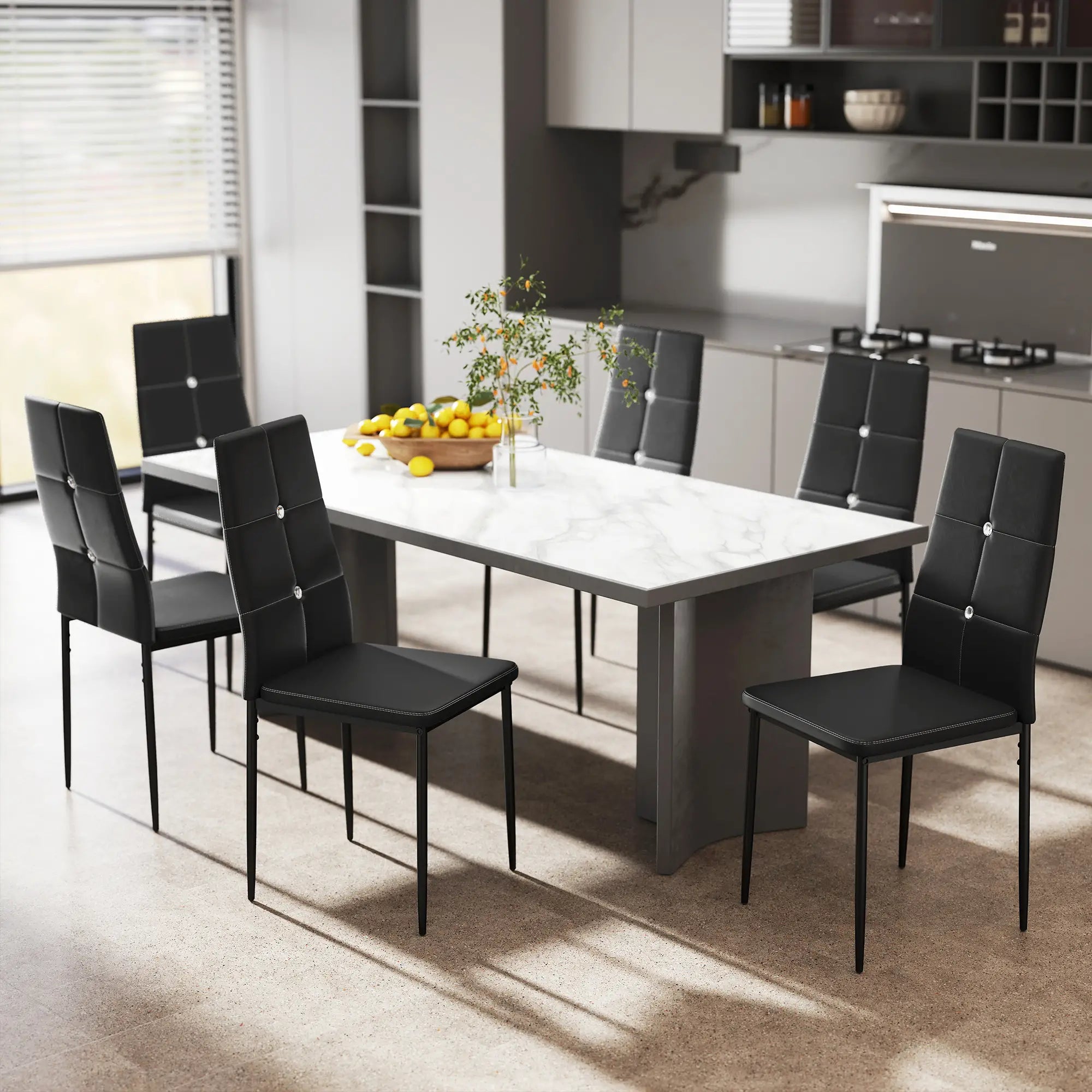 Set of 6 Button Tufted Side Chairs, Upholstered Seat, Steel Legs, Black Dining Chairs at Gallery Canada