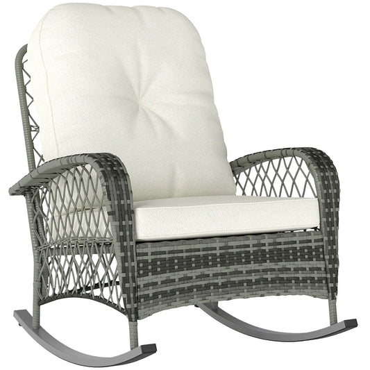 Rattan Rocking Chair, Outdoor Wicker Patio Rocker with Cushions, Khaki Outdoor Rocking Chairs Mixed Grey Rattan, Khaki Cushion at Gallery Canada