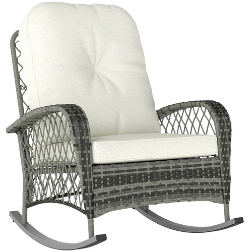 Rattan Rocking Chair, Outdoor Wicker Patio Rocker with Cushions, Khaki